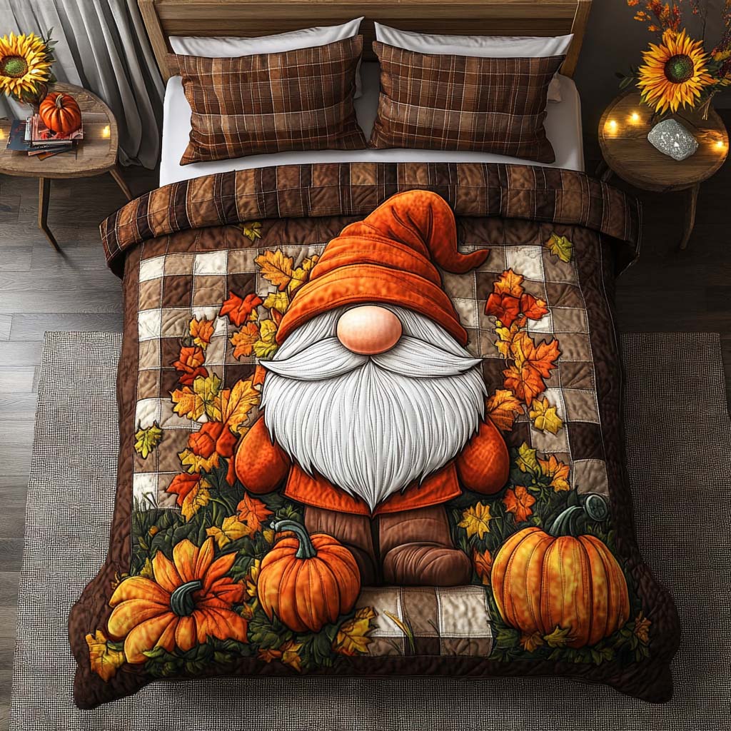 Whimsical Gnome Time Quilted Bedding Set Best Bedspread Set Unique Fall Gifts