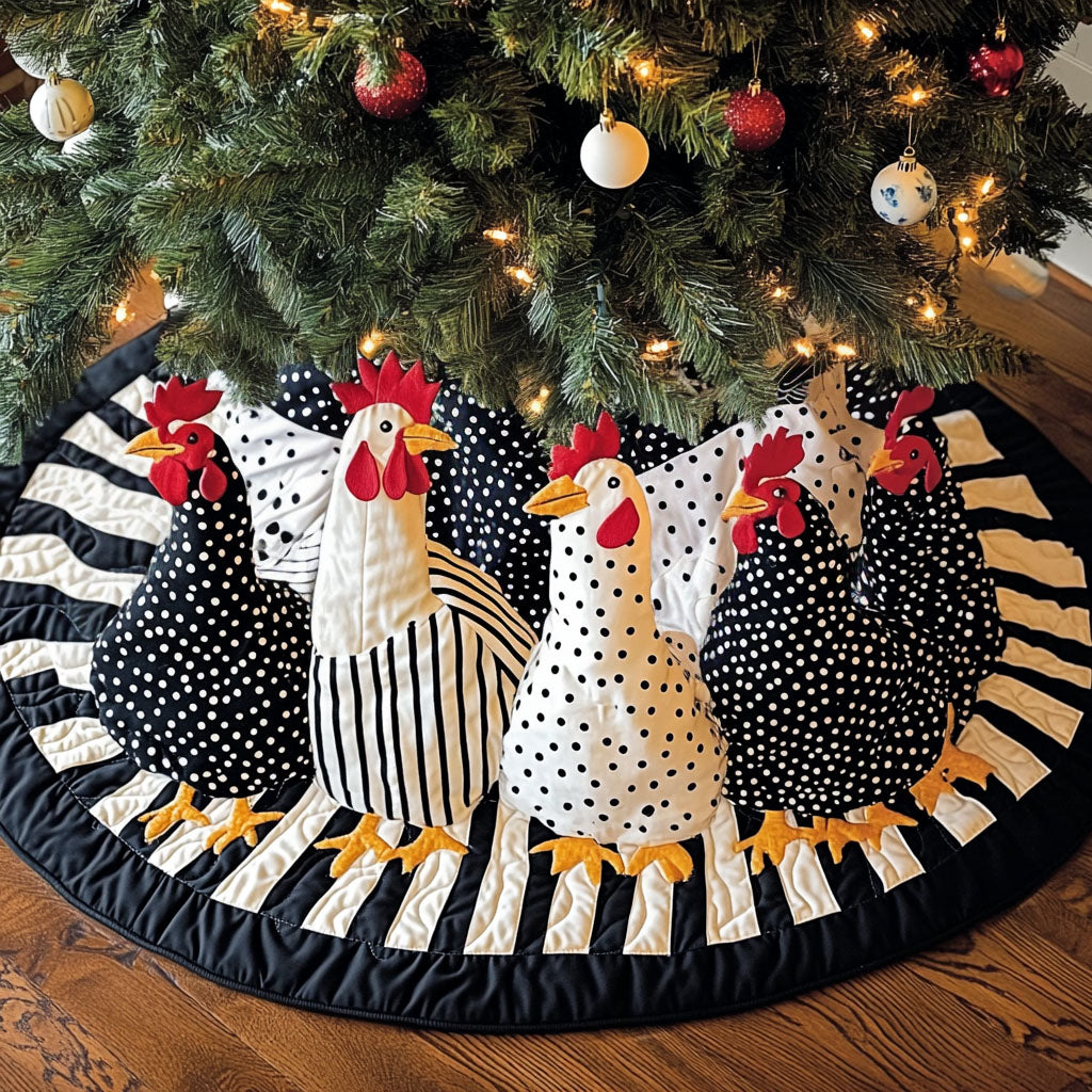 Whimsical Hens Quilted Christmas Tree Skirt Xmas Under-Tree Decoration