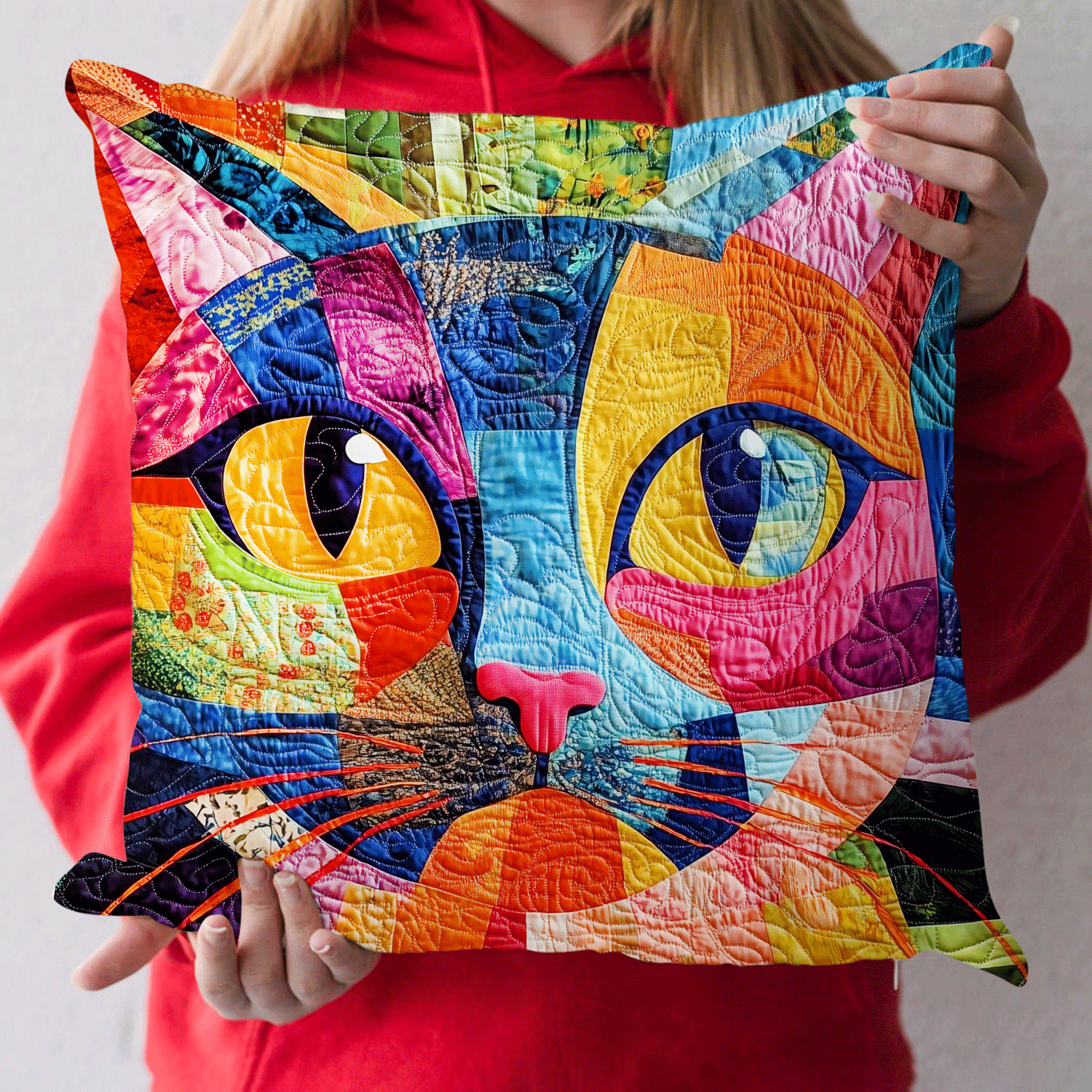 Whimsical Kitten Quilted Pillow Case Holiday Pillow Cover Decoration