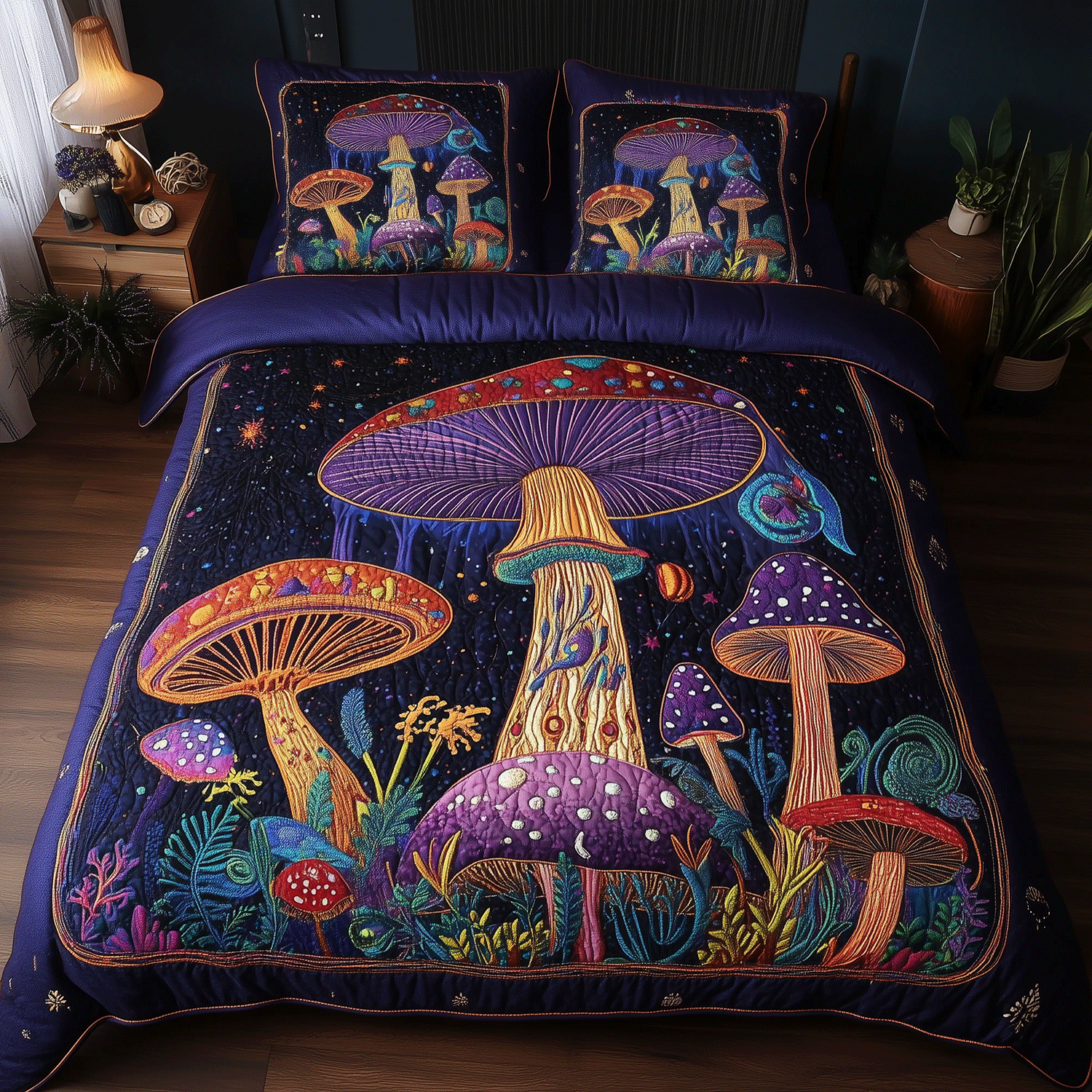 Whimsical Mushroom Magi Quilted Bedding Set Perfect Bedding Gift Set for Family and Friends