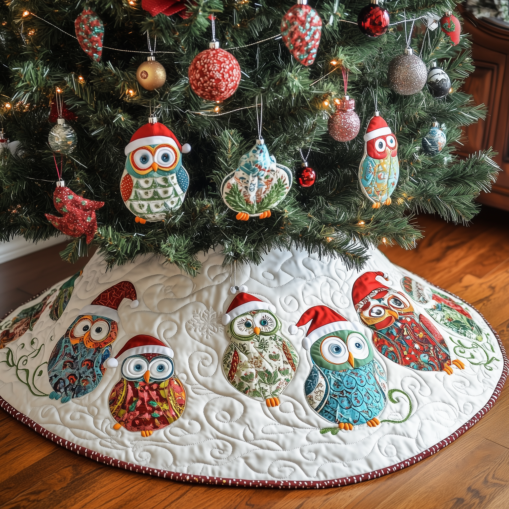 Whimsical Owl Christmas Tree Skirt Quilted Handmade Holiday Gift for Fun and Artistic Christmas Decor