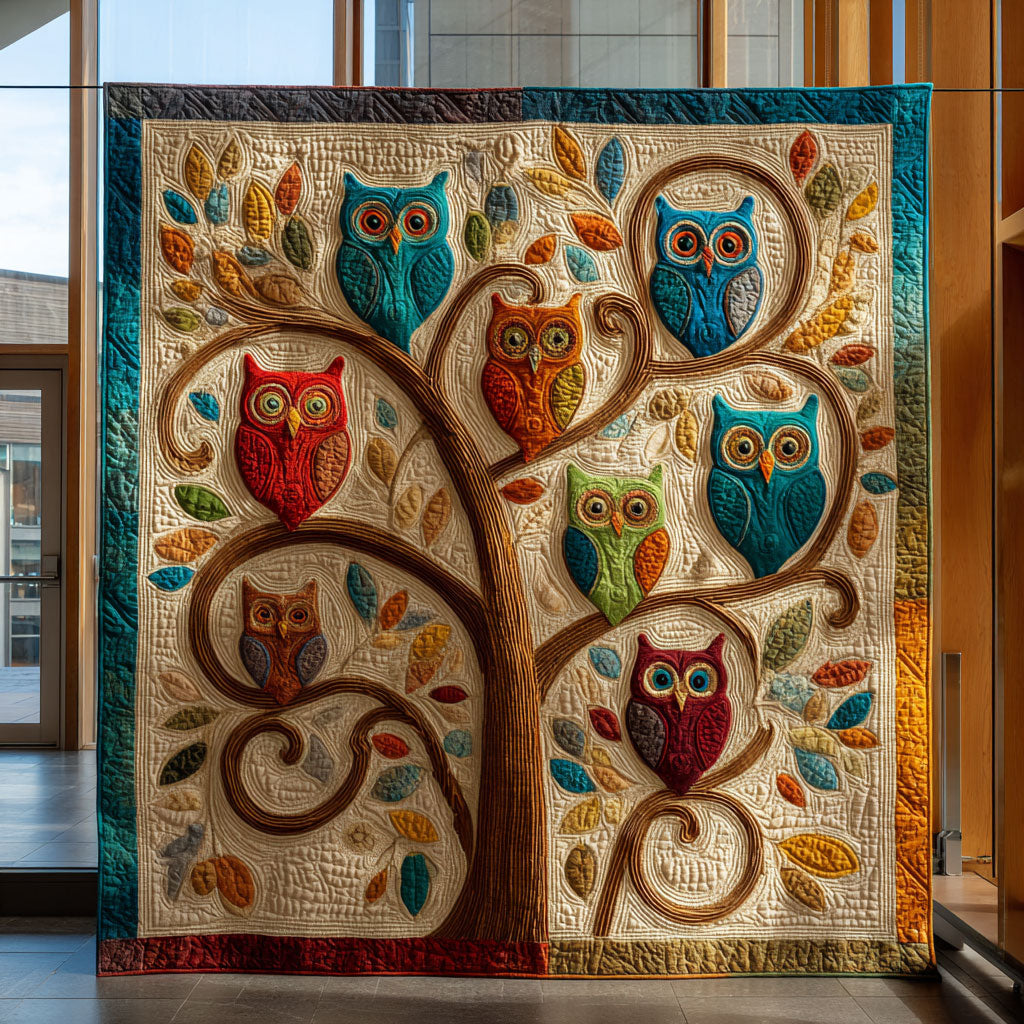 Whimsical Owl Harmony Quilt Luxury Quilt Blanket with Decorative Stitching