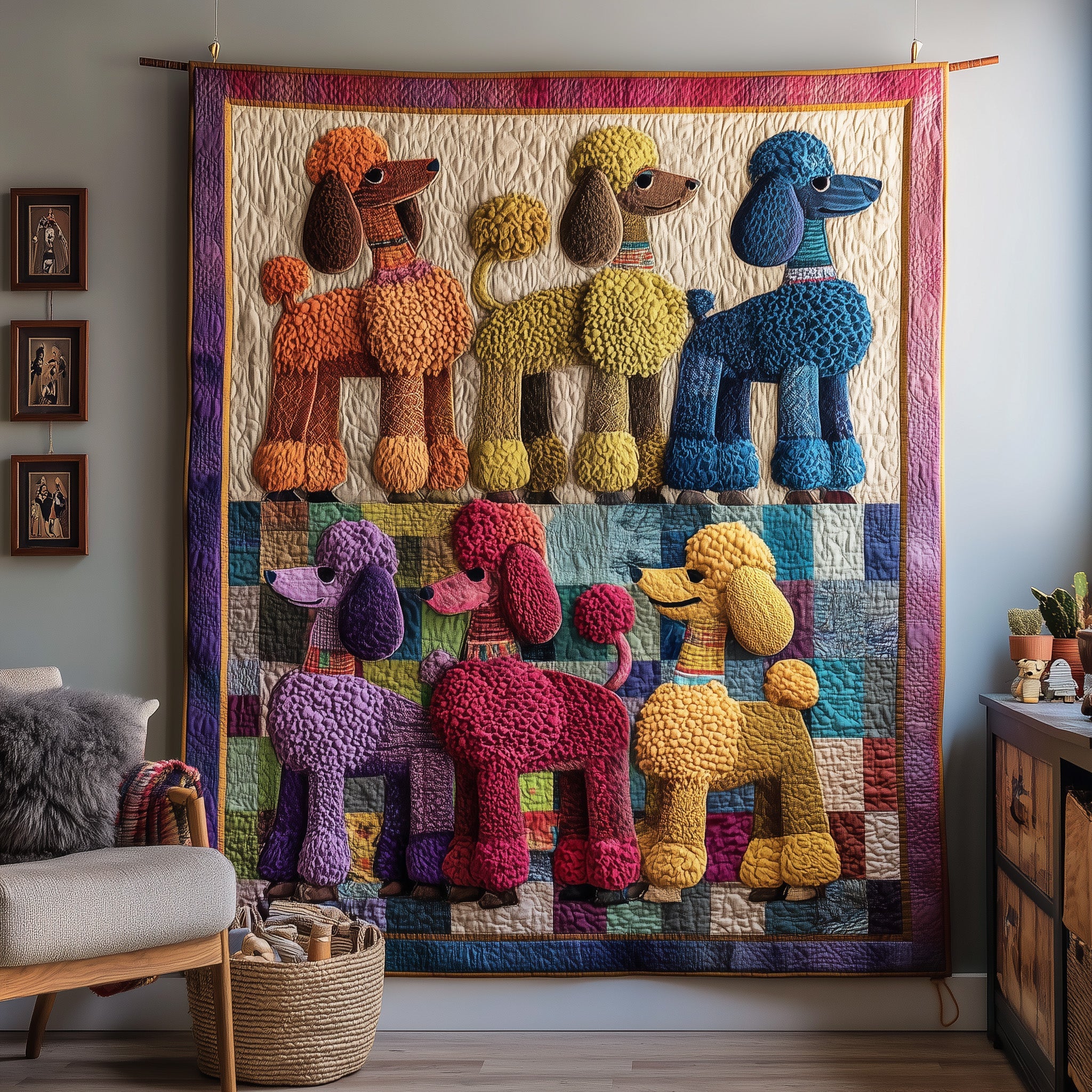 Whimsical Poodle Quilted Blanket Cozy Winter Quilted Blanket