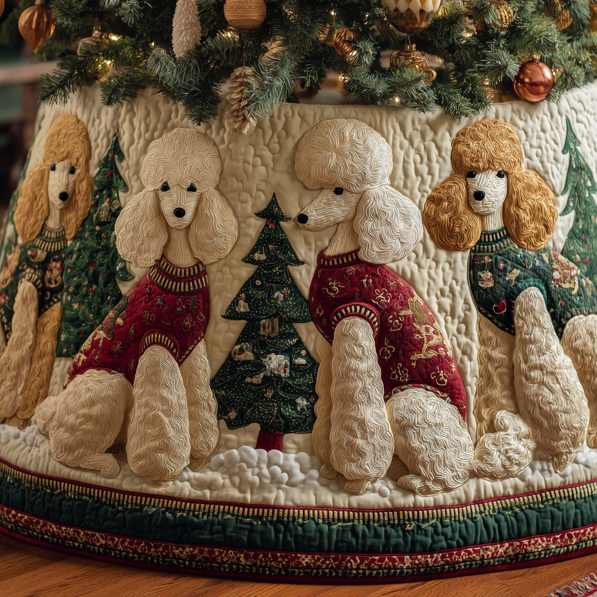 Whimsical Poodle Quilted Tree Skirt Animal Themed Seasonal Home Decor Secret Santa Gifts