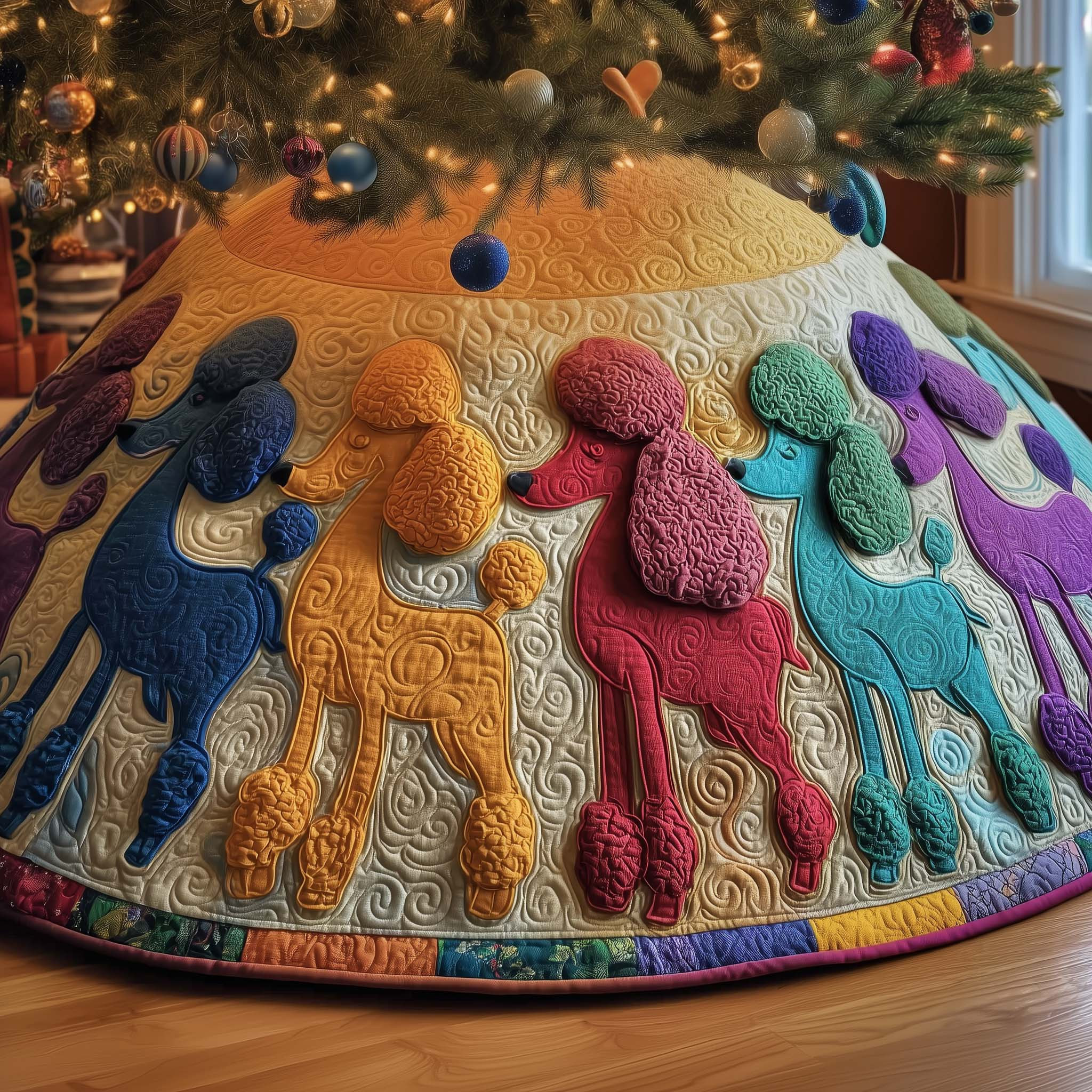 Whimsical Poodle Quilted Tree Skirt Seasonal Home Decor Christmas Gifts For Poodle Lover