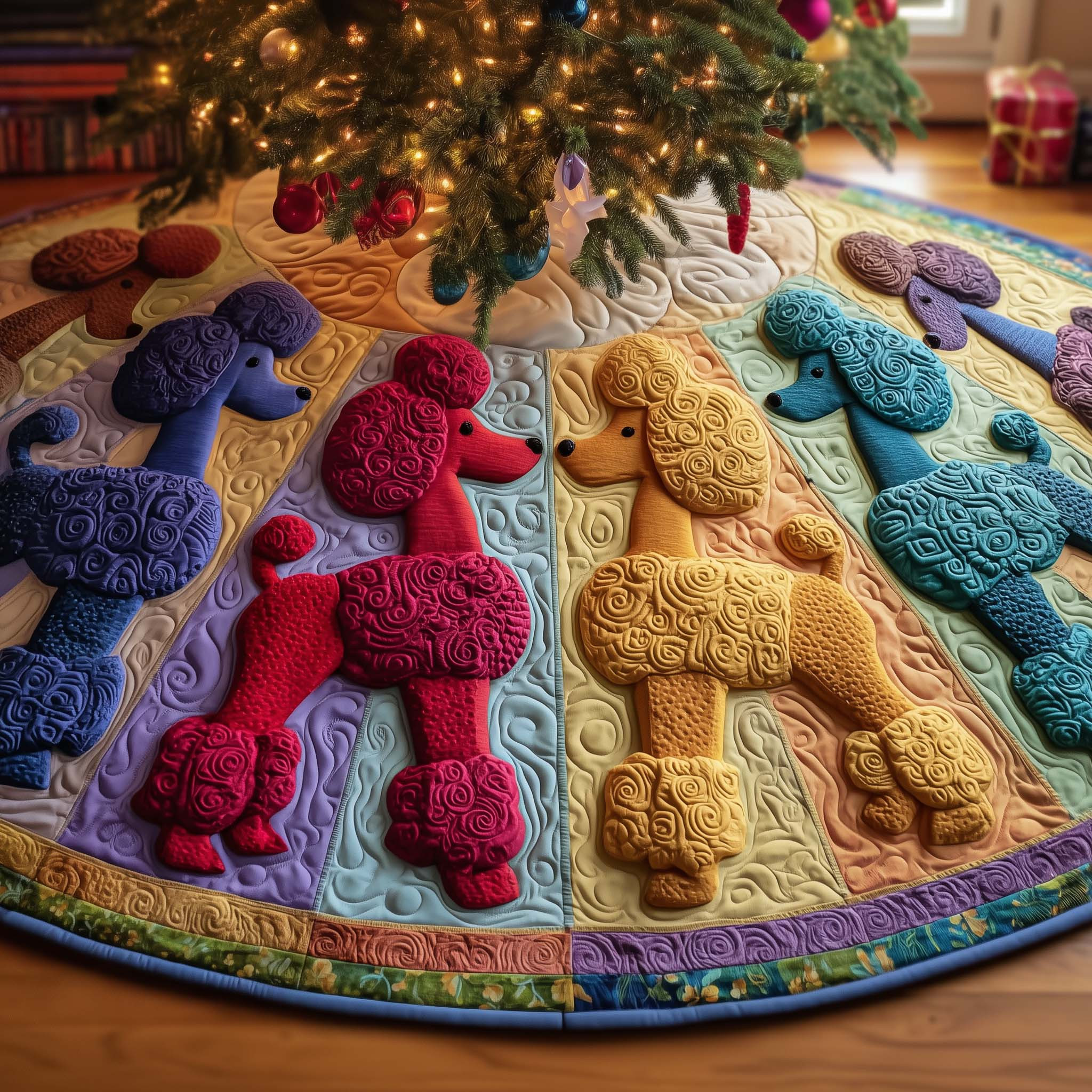 Whimsical Poodle Quilted Tree Skirt Seasonal Home Decor Dog Gifts For Christmas