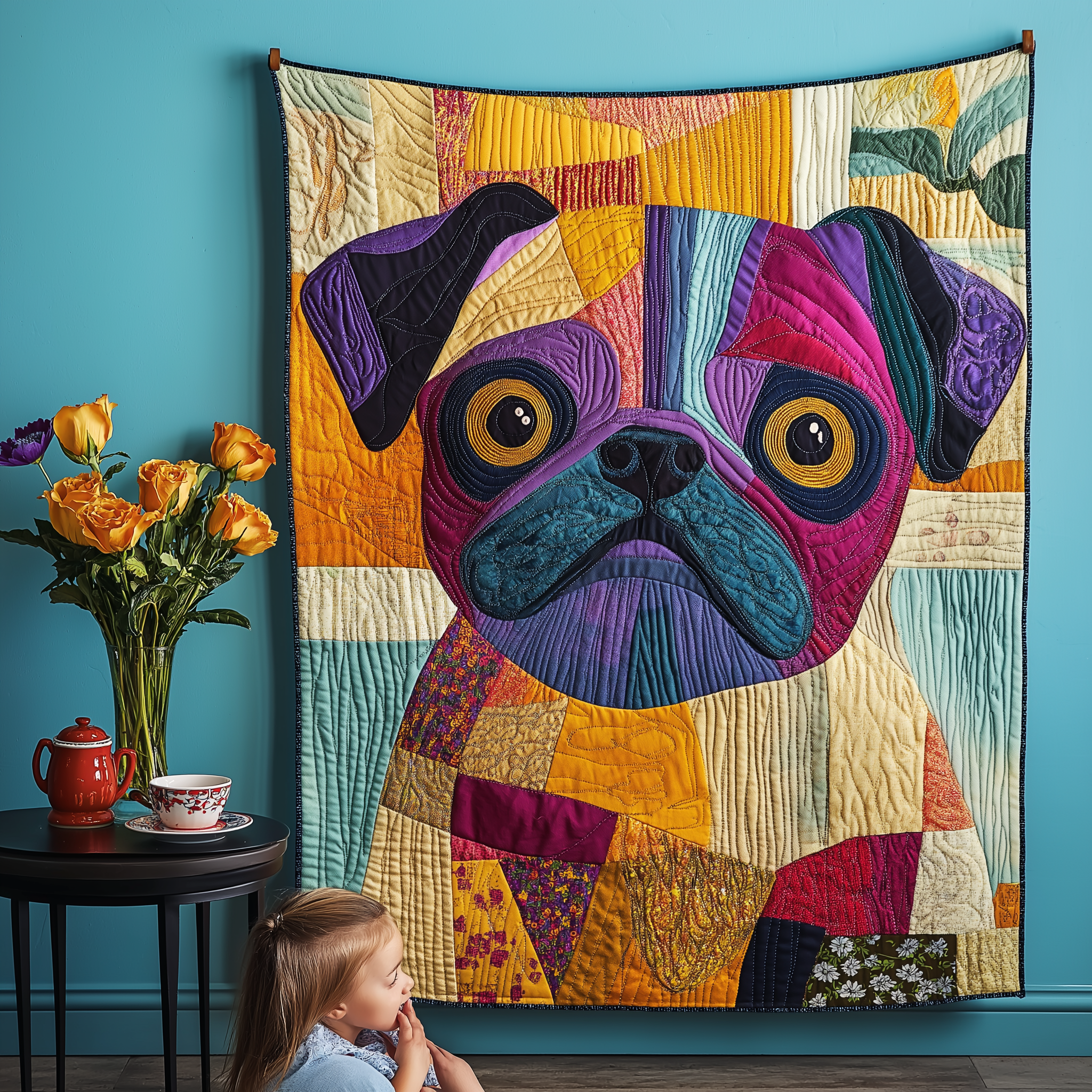 Whimsical Pug Quilted Blanket Gift For Animal Lover