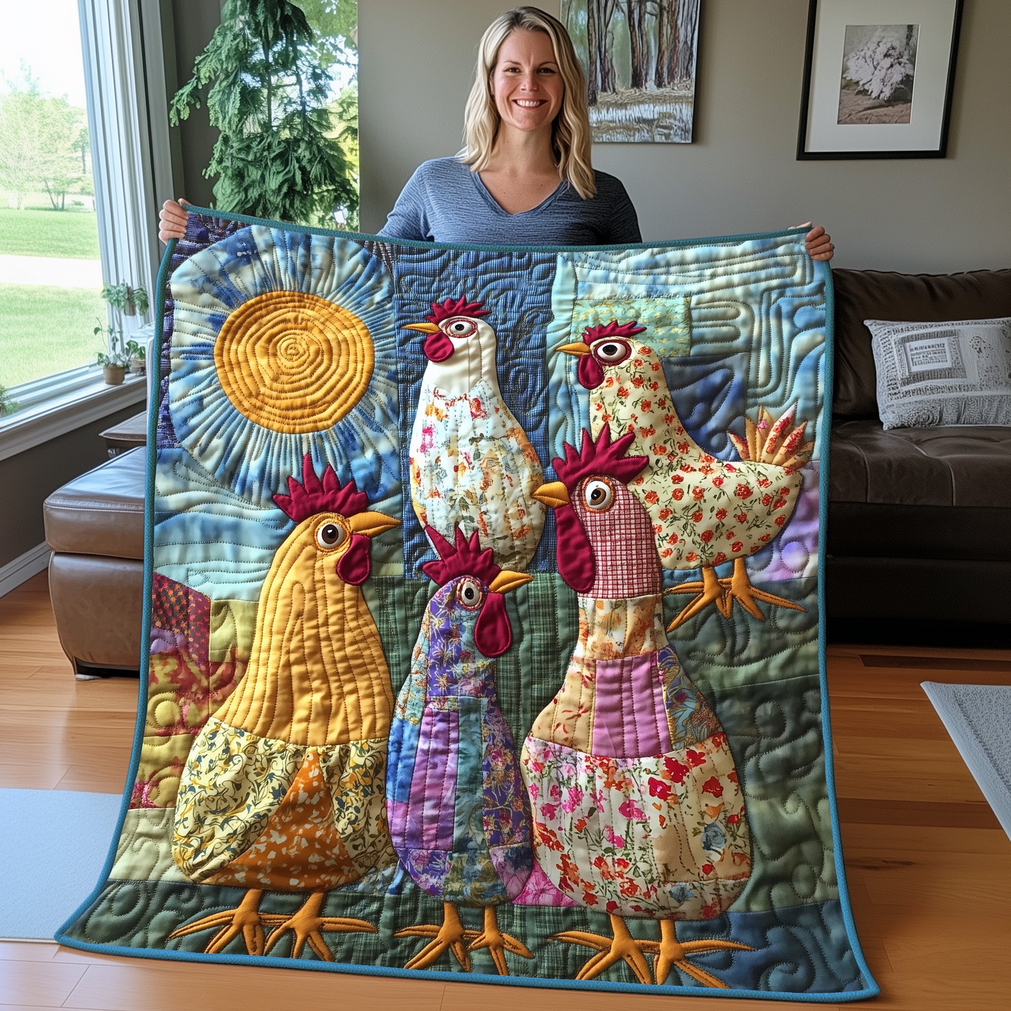 Whimsical Rooster Quilted Blanket Best Couch Throw BlanketGifts For Chicken Owners