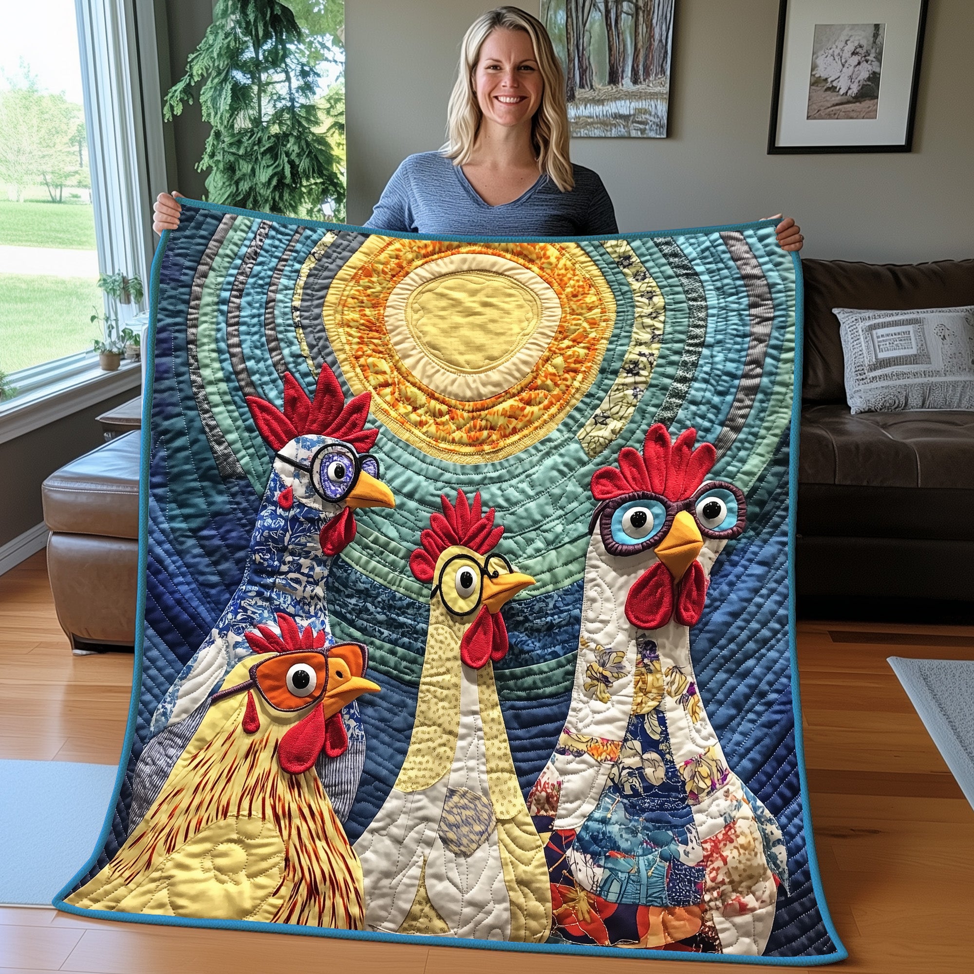Whimsical Rooster Quilted Blanket Best Couch Throw BlanketGifts For People Who Love Chickens