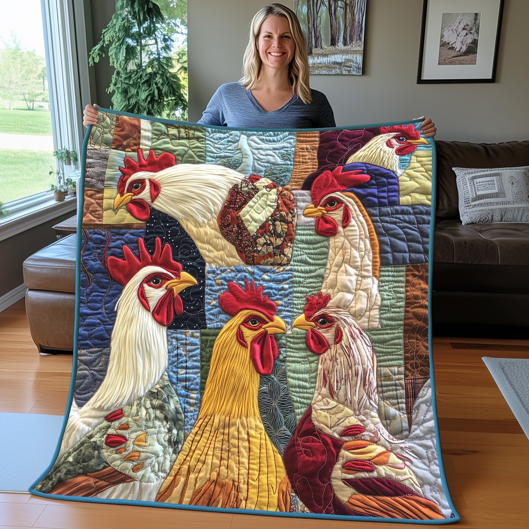 Whimsical Rooster Quilted Blanket Best Couch Throw BlanketGifts For People Who Own Chickens
