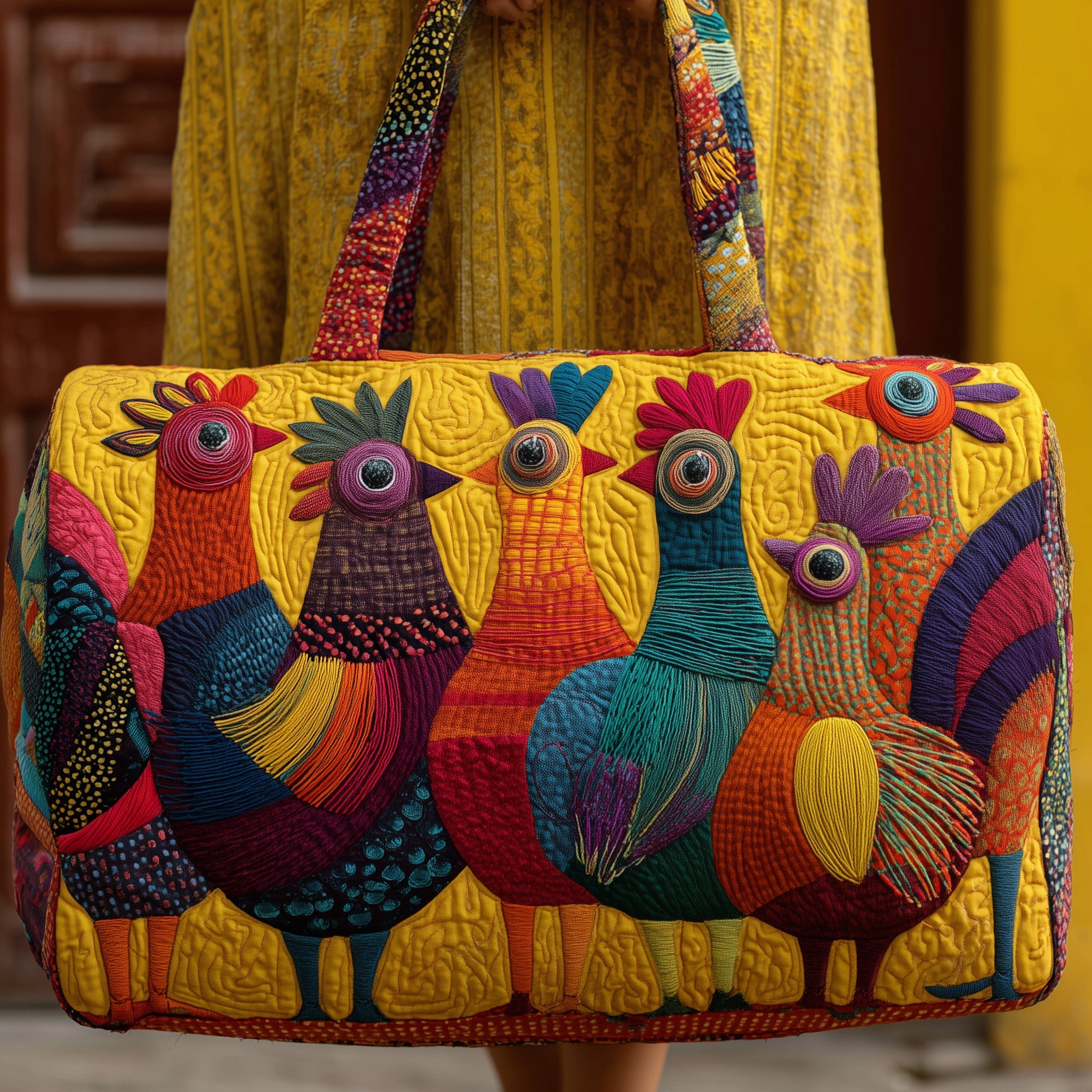 Whimsical Roosters Quilted Duffle Bag Easter Gift Idea