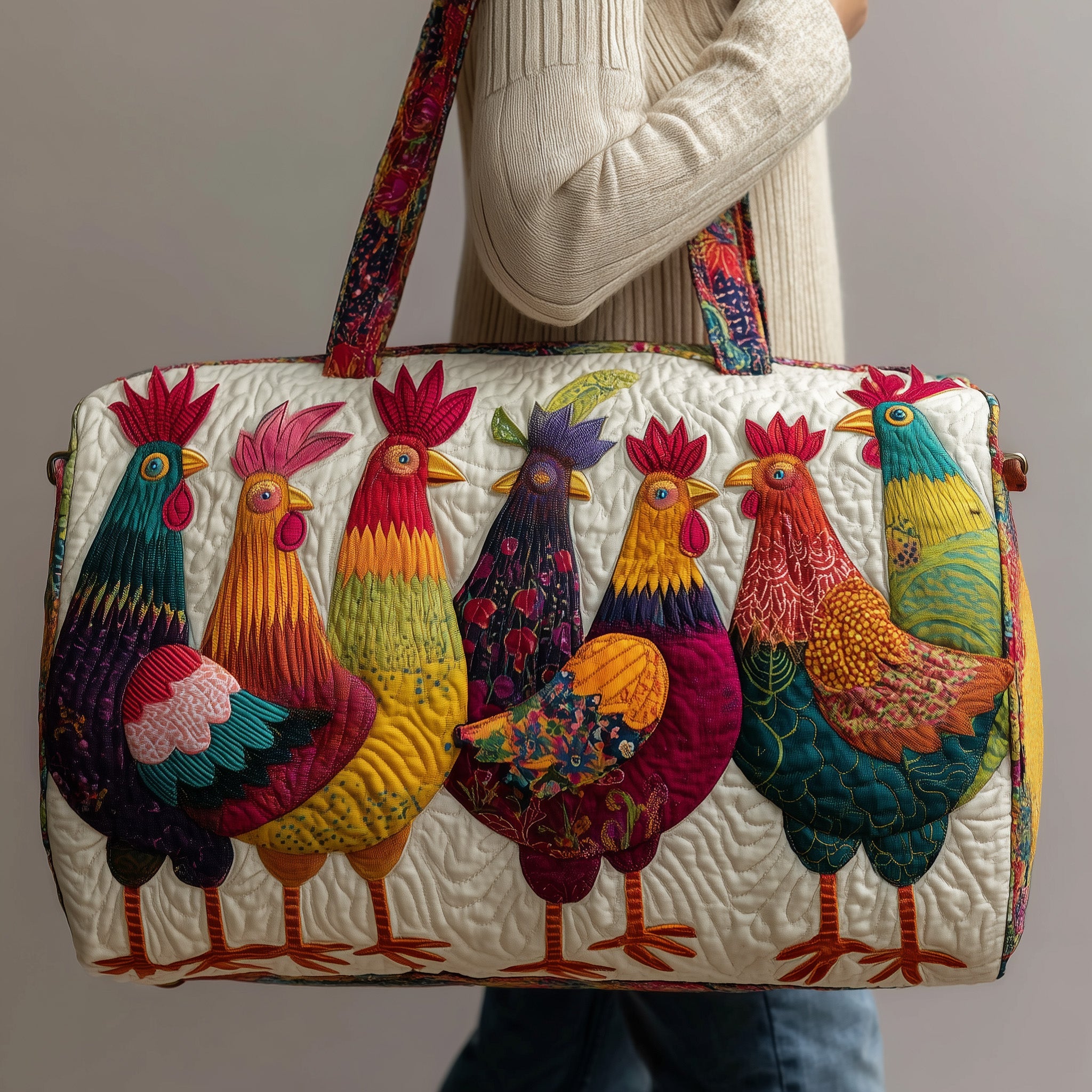 Whimsical Roosters Quilted Duffle Bag Graduation Gift Idea