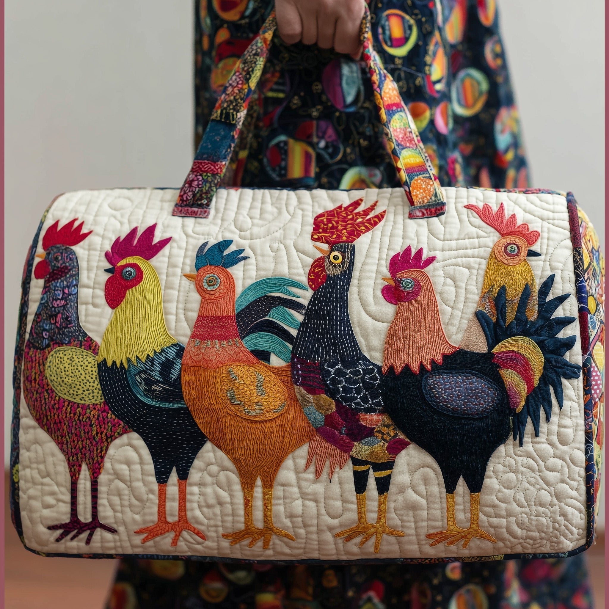 Whimsical Roosters Quilted Duffle Bag Halloween Gift Idea