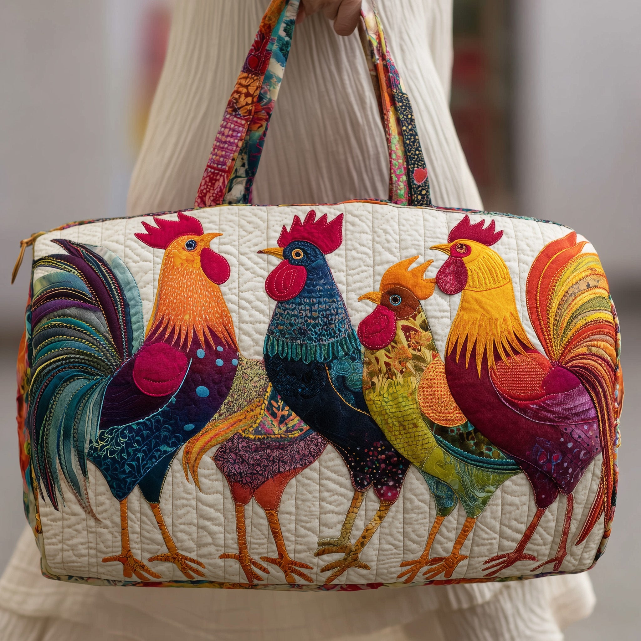 Whimsical Roosters Quilted Duffle Bag Mother's Day Gift Idea
