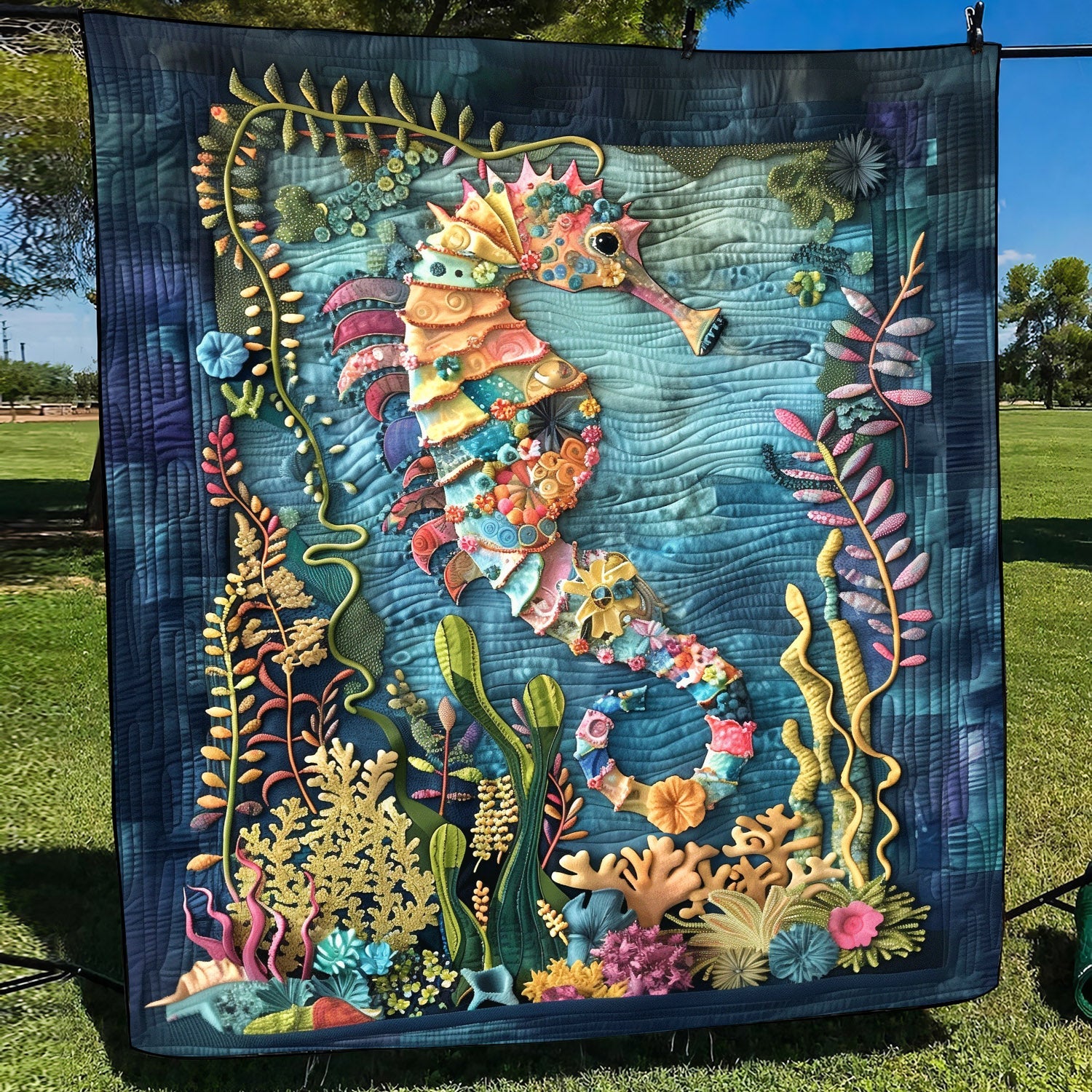 Whimsical Seahorse Quilted Blanket For Christmas Gifts