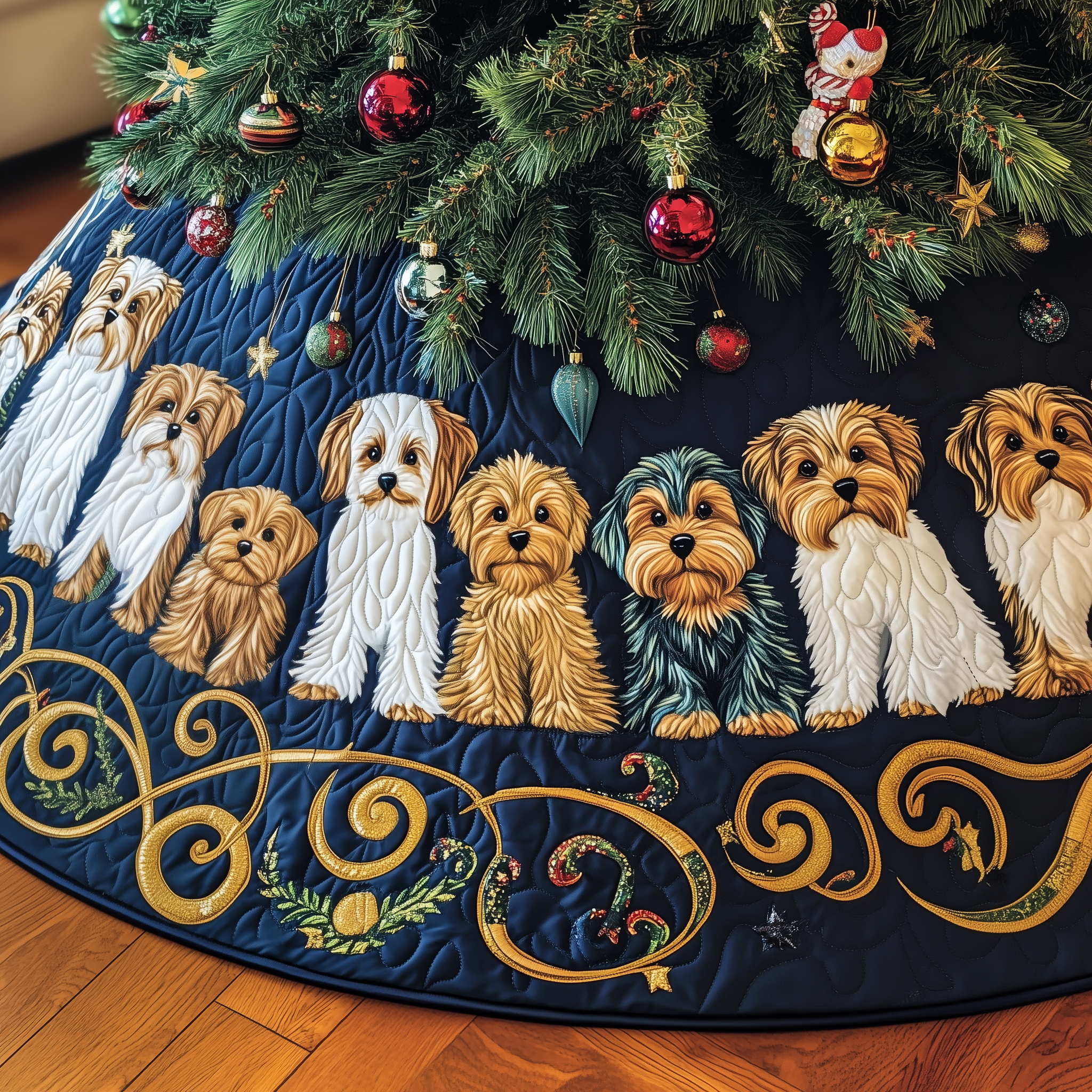 Whimsical Shih Tzu Christmas Tree Skirt Quilted Puppy Holiday Decor and Lovely Christmas Gift