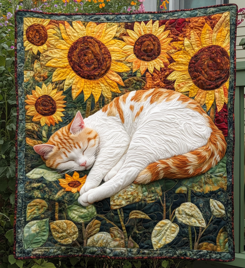 Whimsical Sunflower Kitten Quilted Blanket Novelty Gifts For Cat Lovers