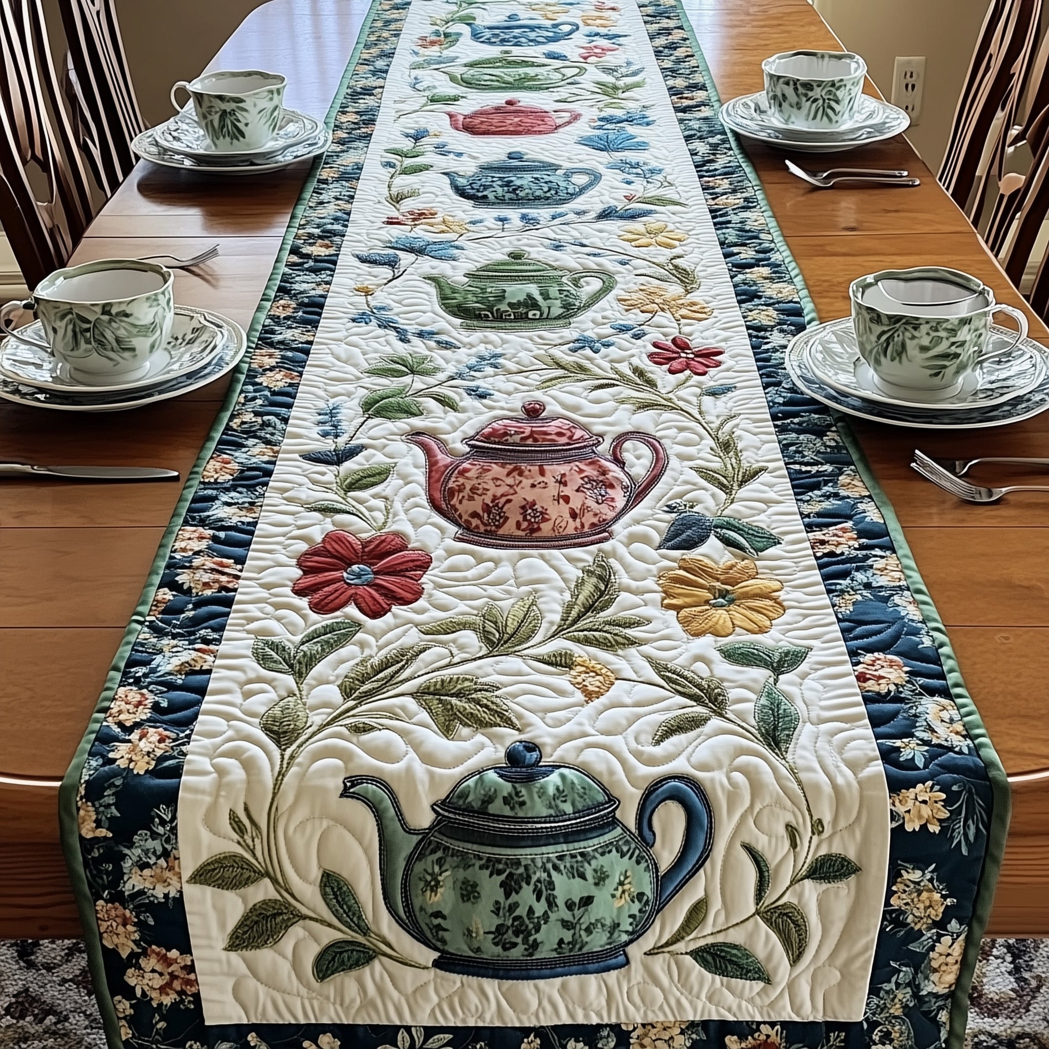 Whimsical Tea Table Quilted Table Runner Christmas Table Runner Decoration