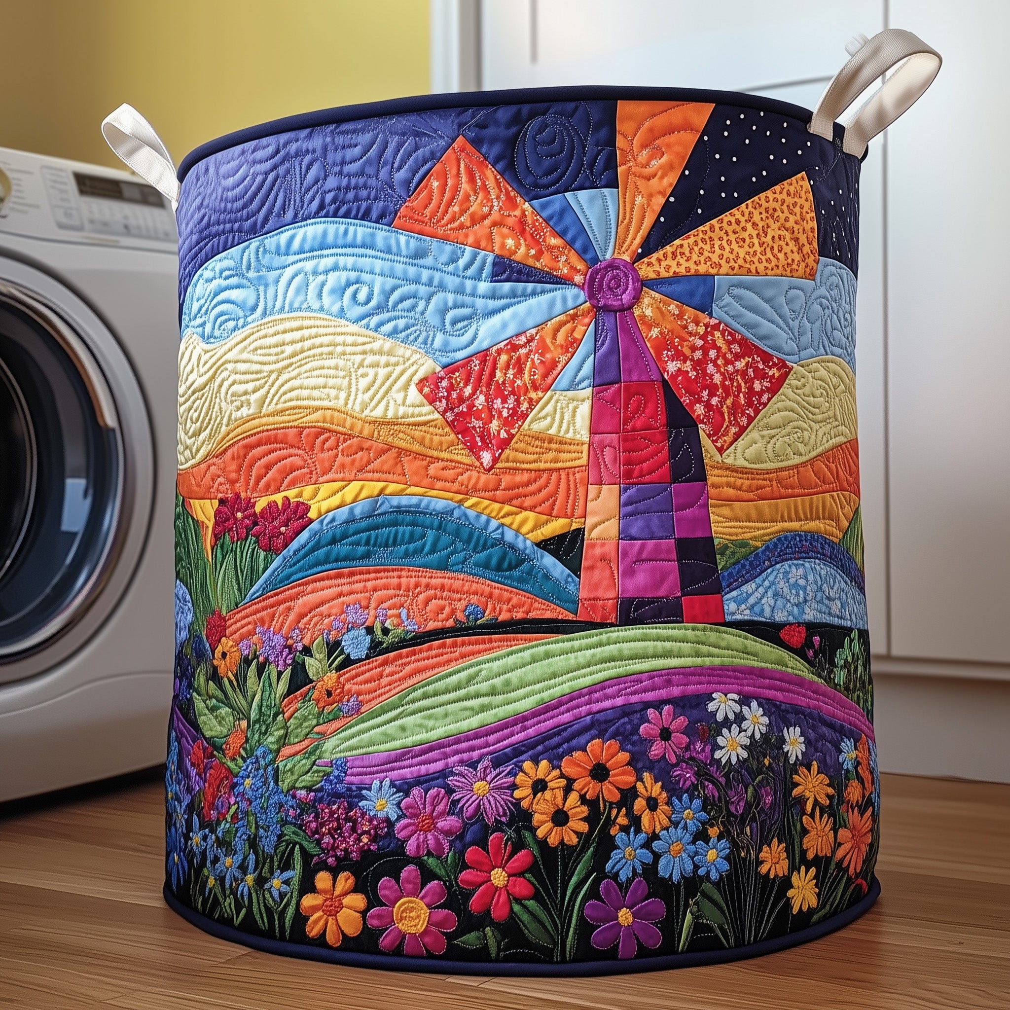 Whimsical Windmill Quilted Laundry Basket Winter Merch Essentials