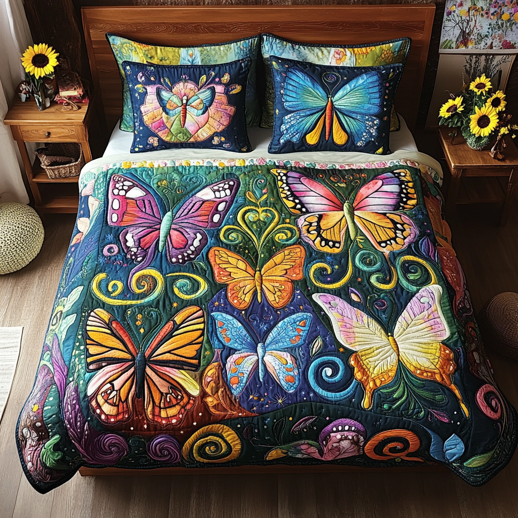 Whimsical Wings Quilted Bedding Set Bedroom Decor Gift For Butterfly Lover