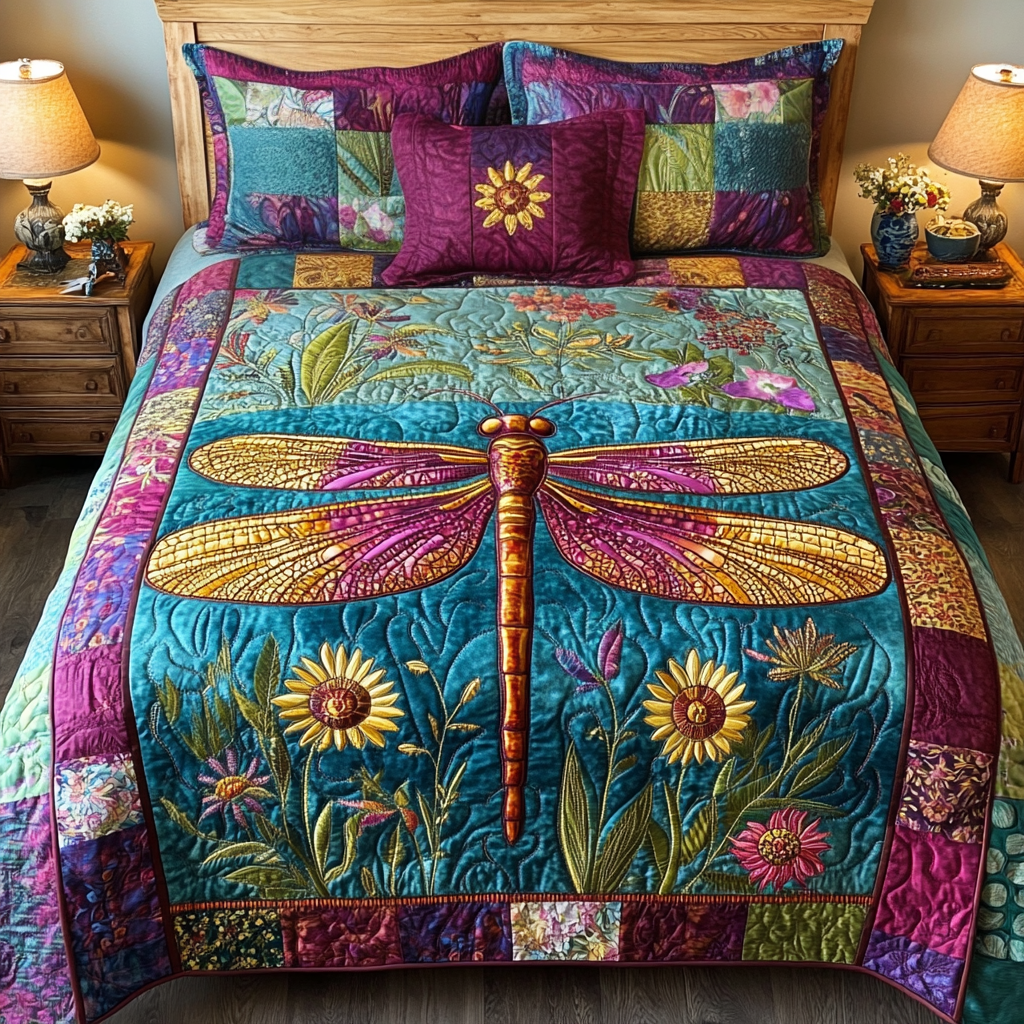 Whimsical Wings Quilted Bedding Set Best Bed Sheet Set Cool Gifts For Dragonfly Lovers