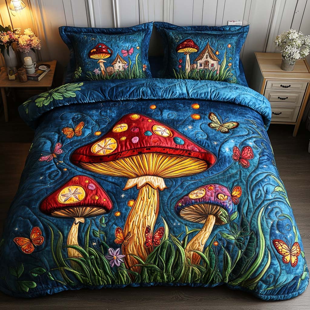 Whimsical Woods Quilted Bedding Set Aesthetic Room Decor Mushroom Related Gifts