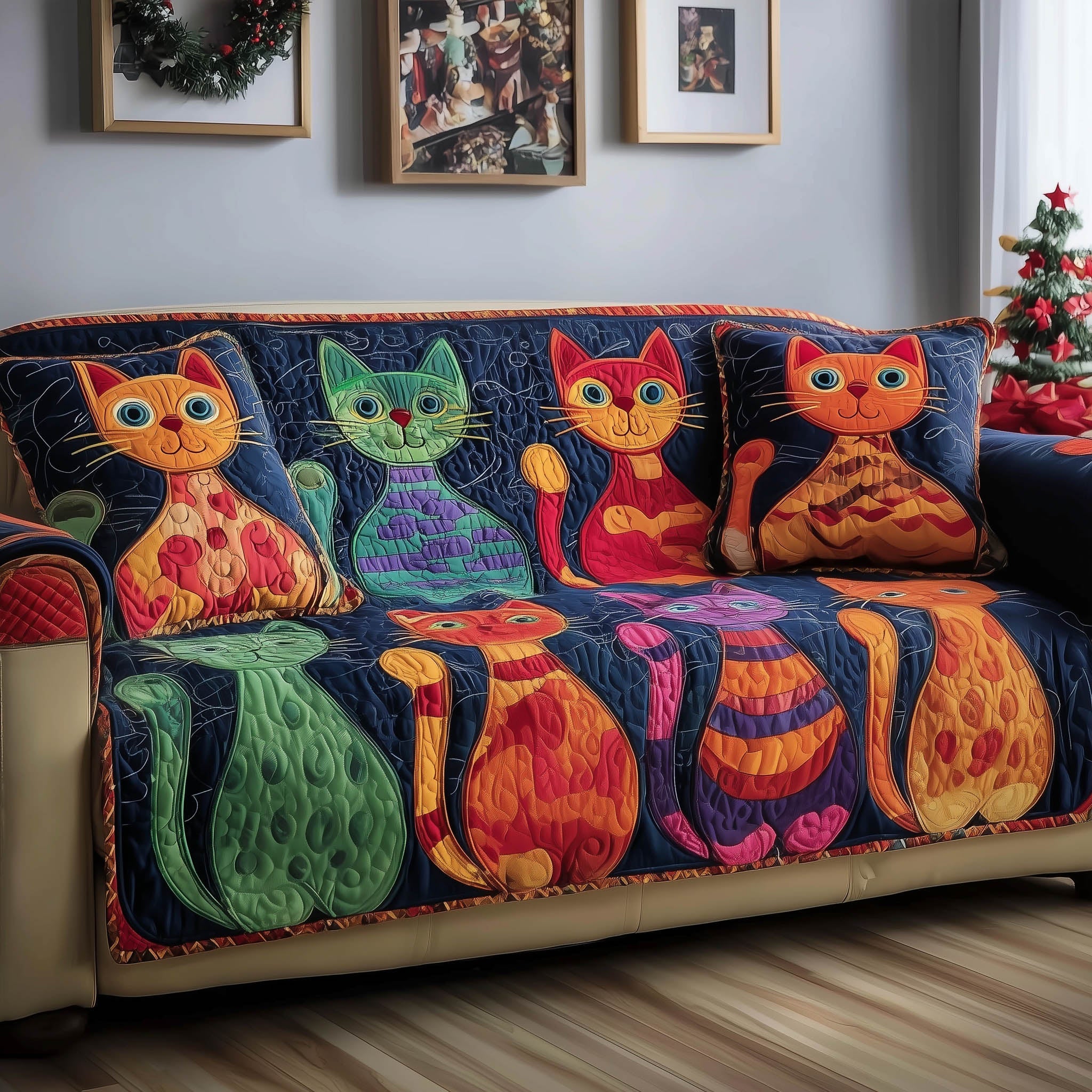 Whimsy Cat Quilted Sofa Cover Playful Feline Art Kitten Christmas Presents