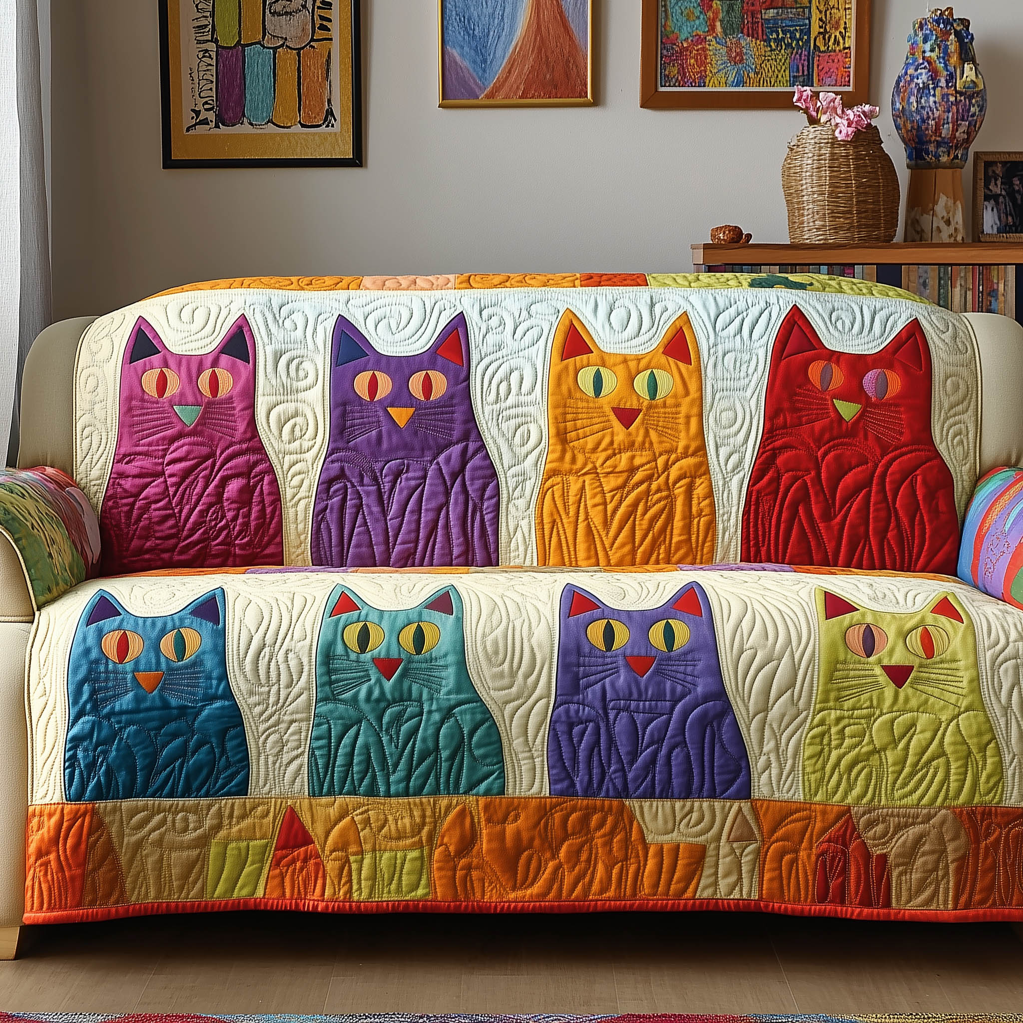 Whimsy Cat Quilted Sofa Cover Quirky Abstract Cat Design Kitten Christmas Presents