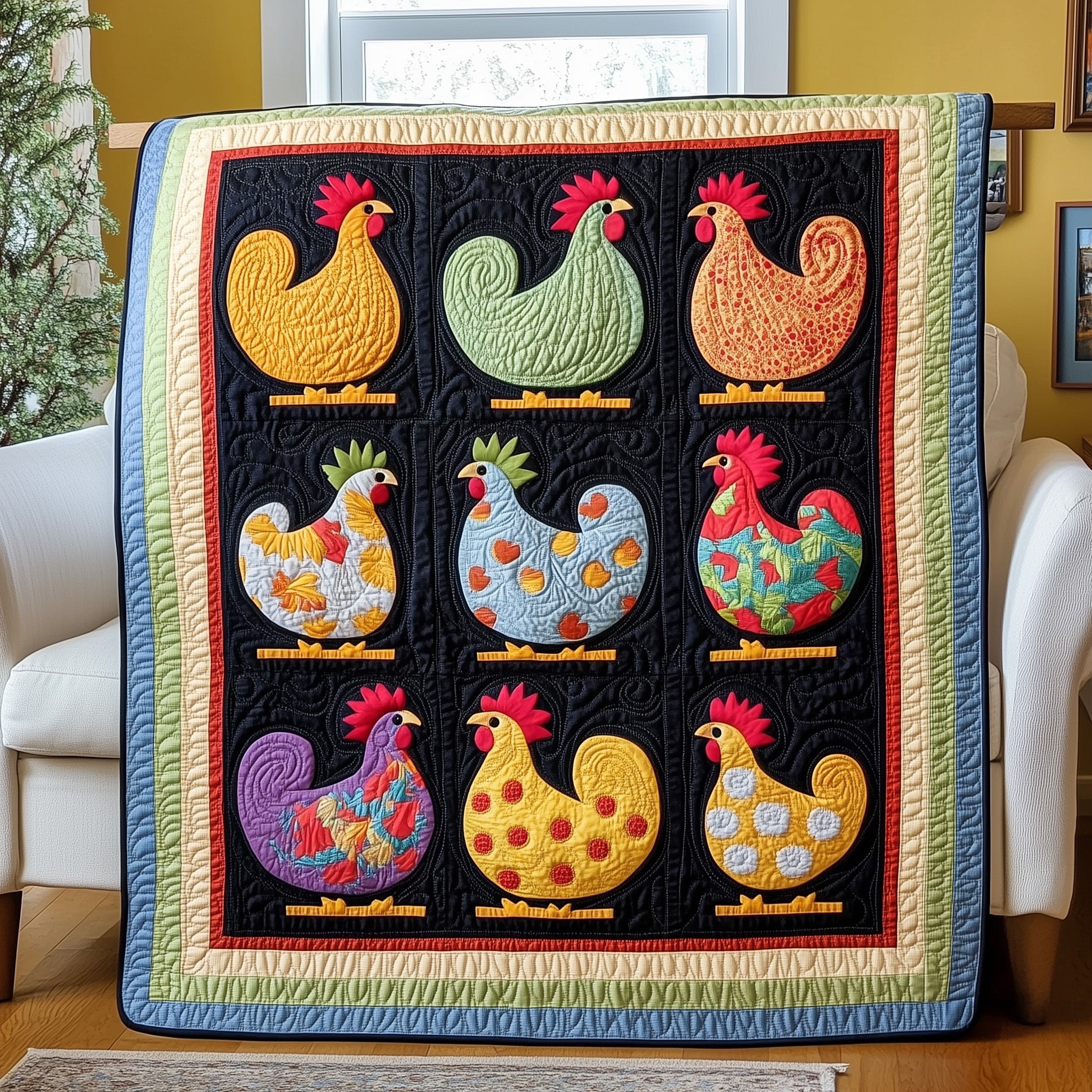 Whimsy Chicken Quilted Blanket Best Couch Throw BlanketGifts For Chicken Farmers Farmhouse