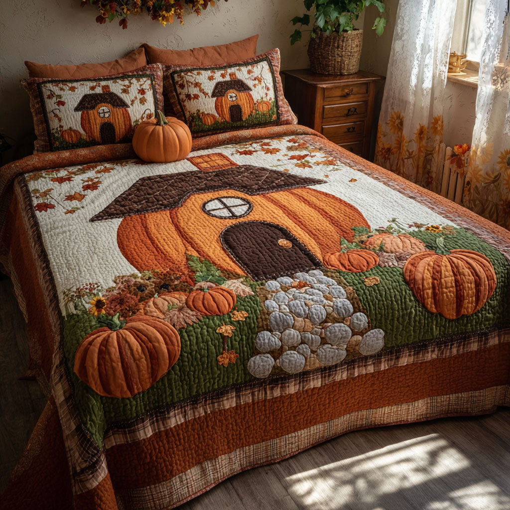 Whimsy Gourd Haven Quilted Bedding Set Bedroom Decor Fall Gift Items
