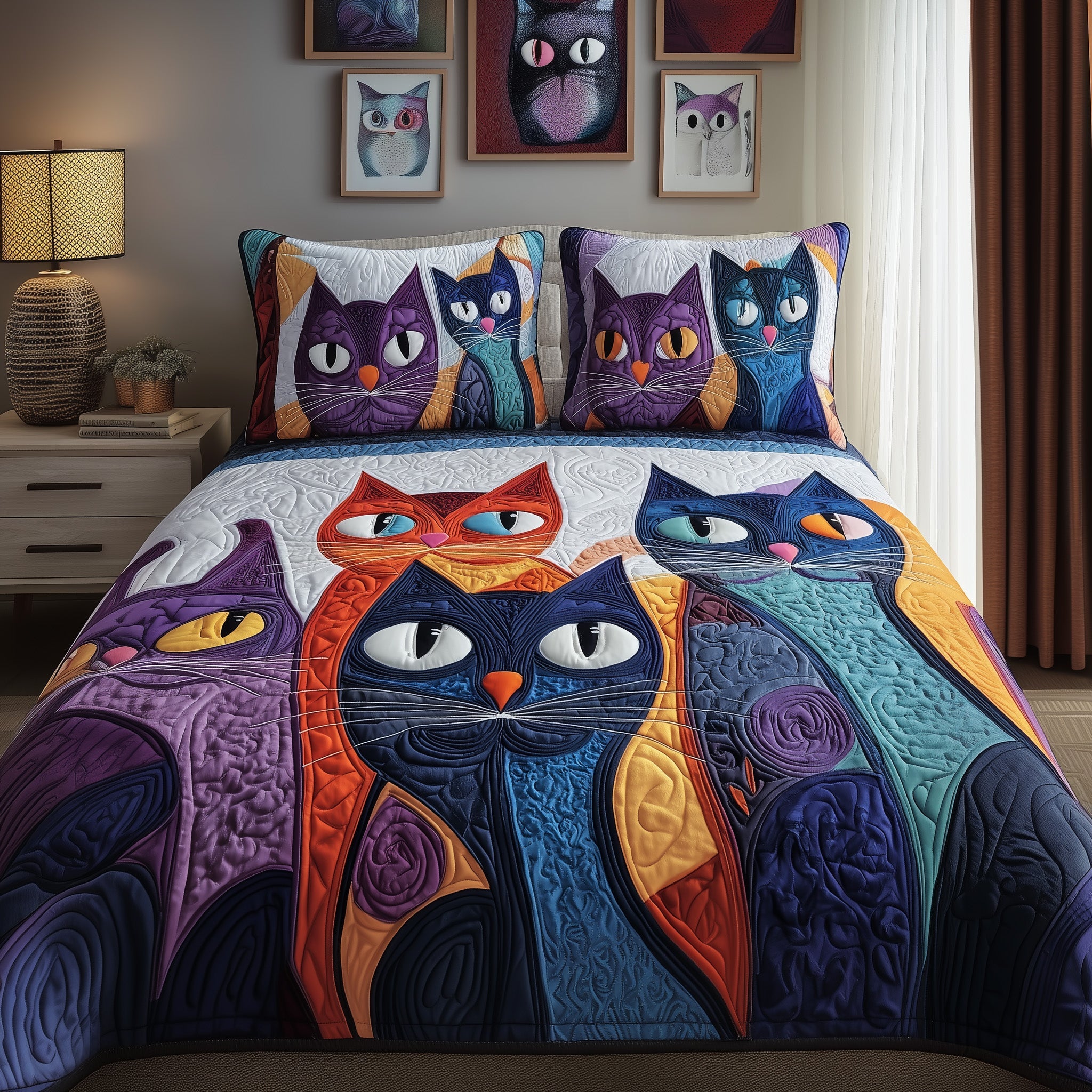 Whimsy Meow Quilted Bedding Set For Couples