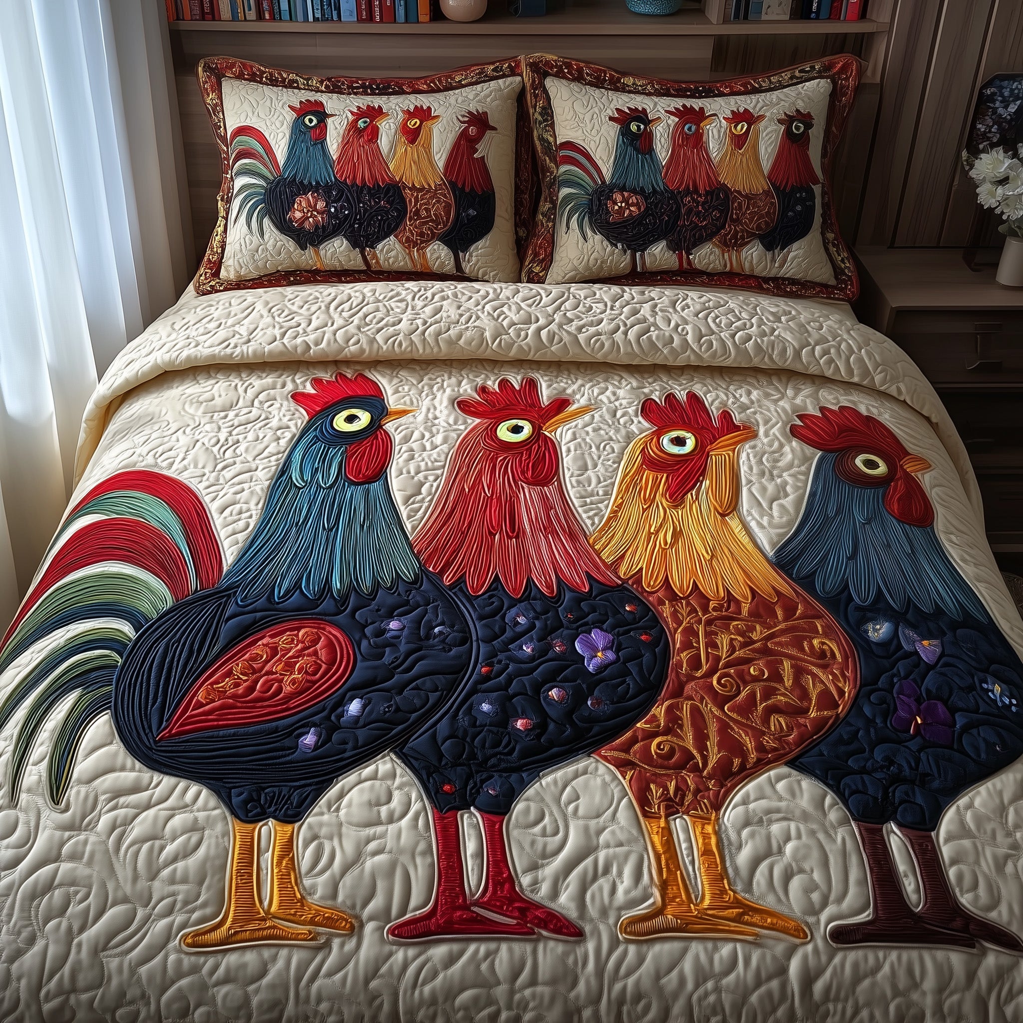 Whimsy Roosters Quilted Bedding Set Duvet Cover Bedspread Gifts For Hen Lovers
