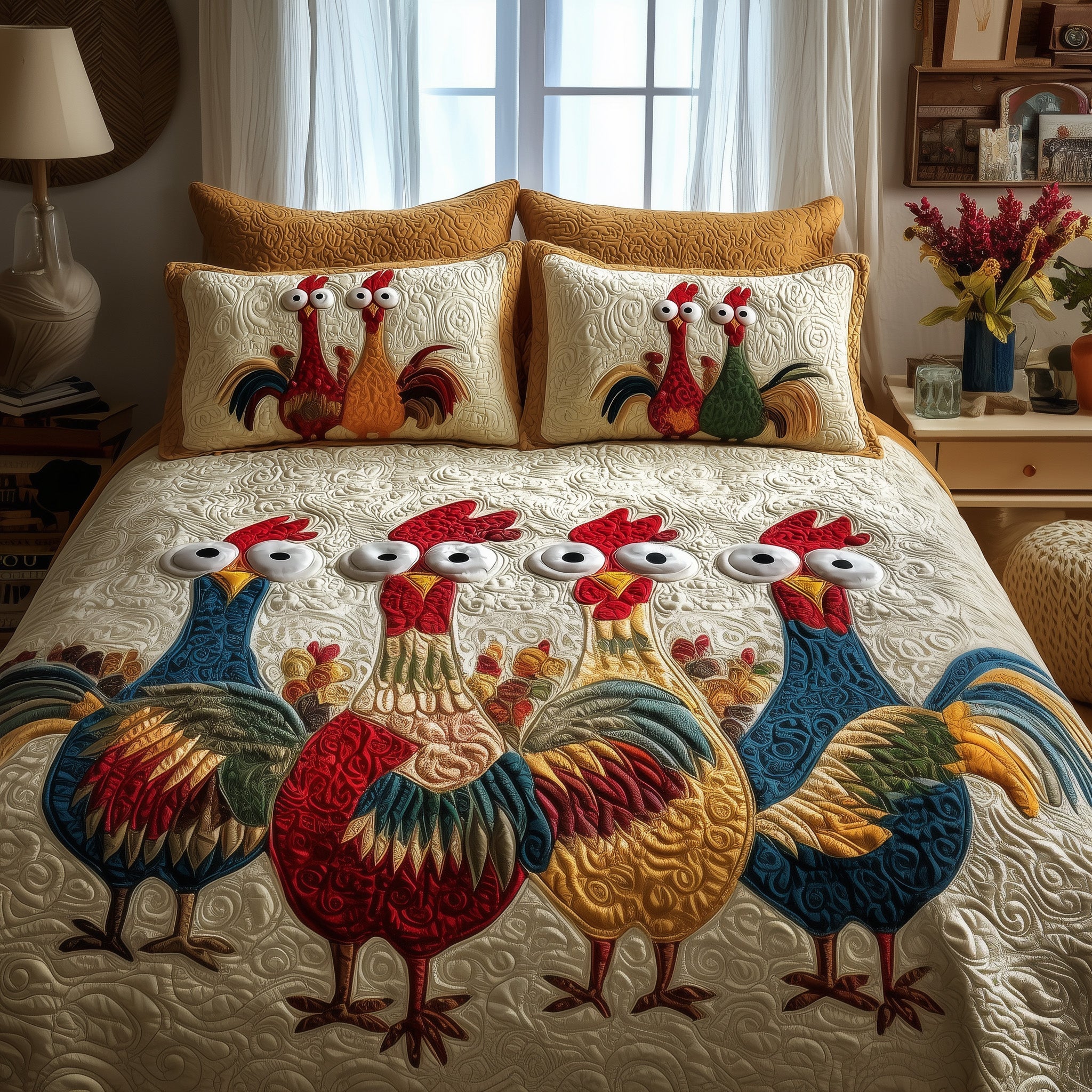 Whimsy Roosters Quilted Bedding Set Linen Blend