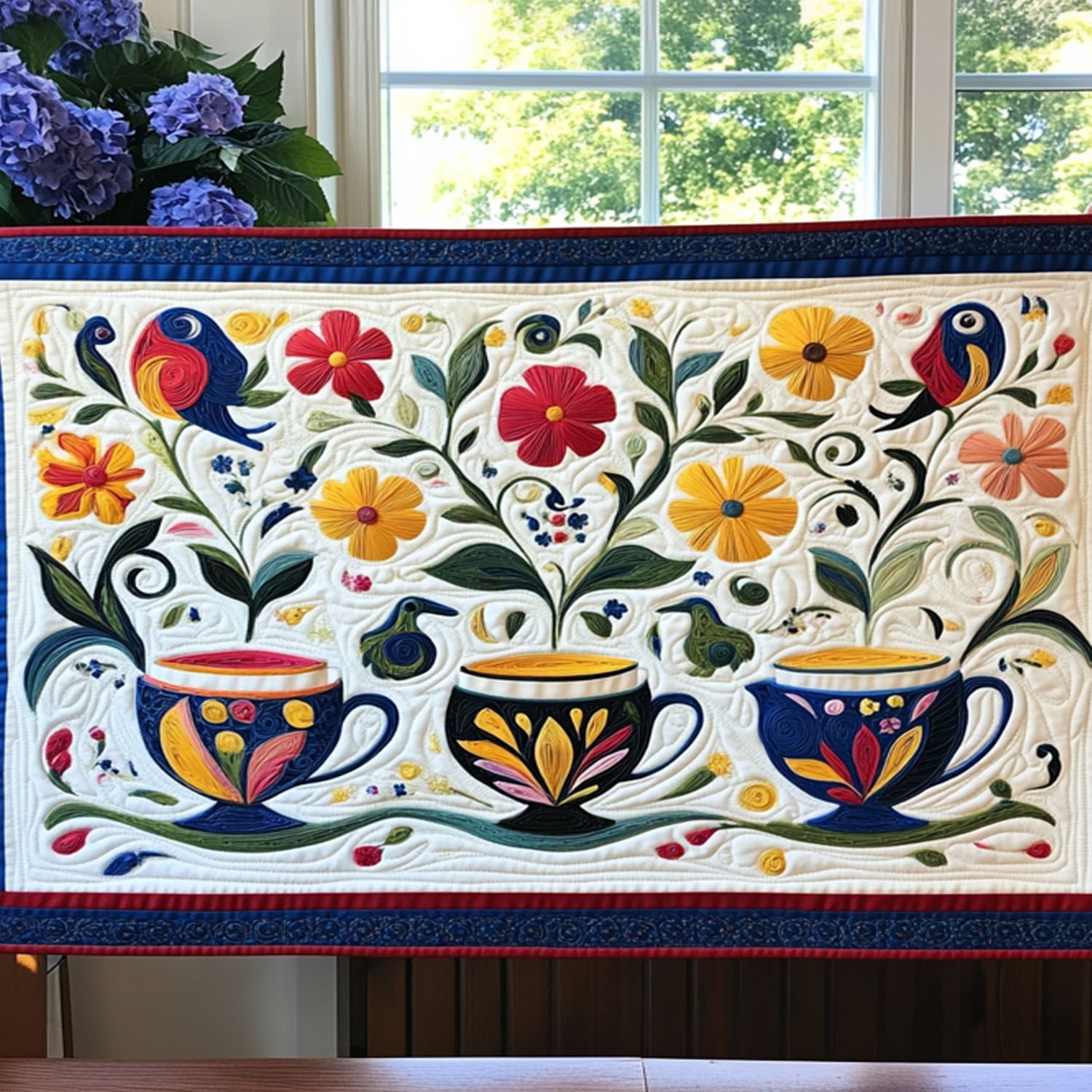 Whimsy Sip Quilted Table Runner Kitchen Table Decor Best Gifts For Birders