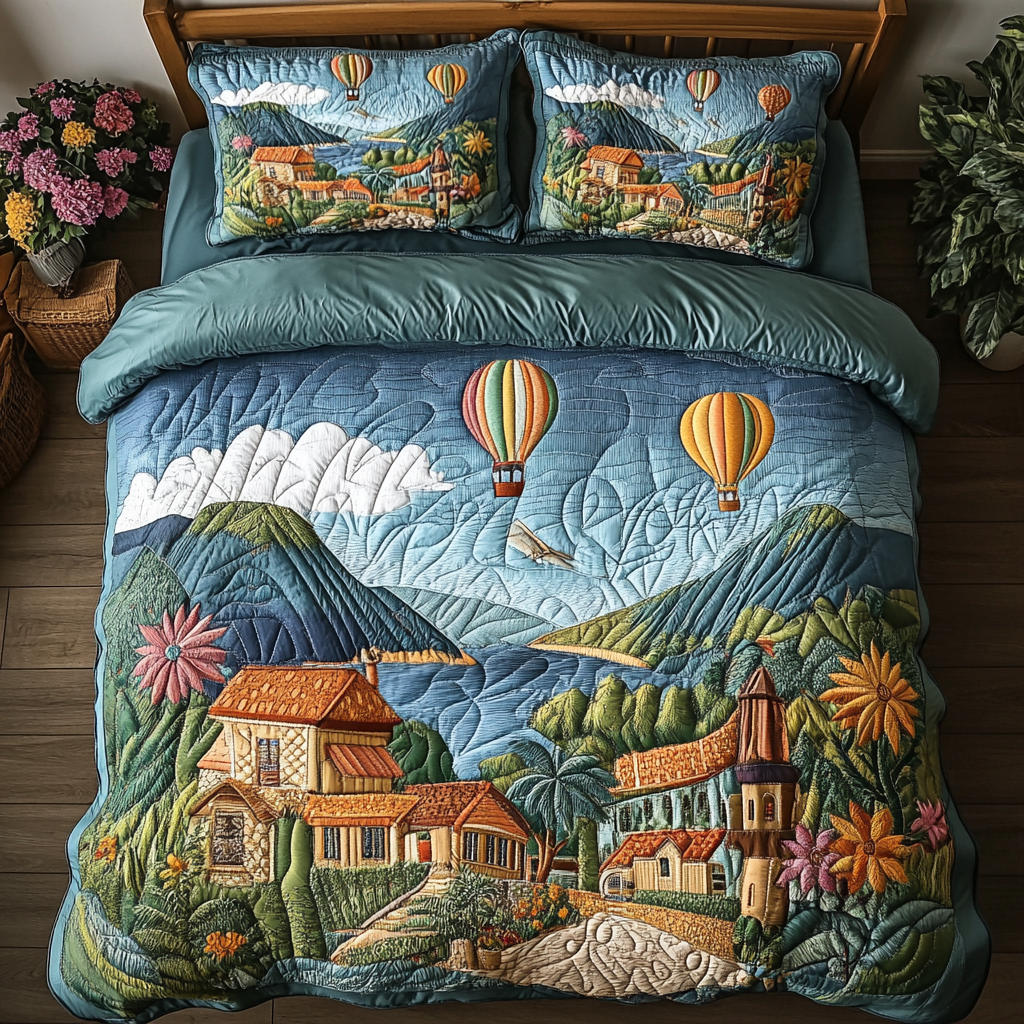 Whimsy Wind Quilted Bedding Set Bed Decorations Sky Air Balloon Themed Gifts