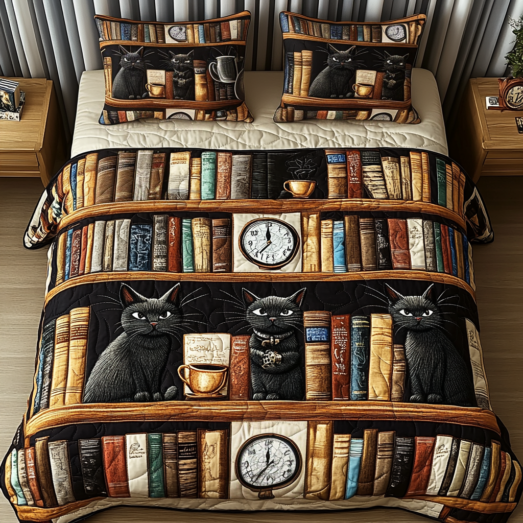 Whisker Library Quilted Bedding Set Bed Decor Best Gifts For Cats For Christmas