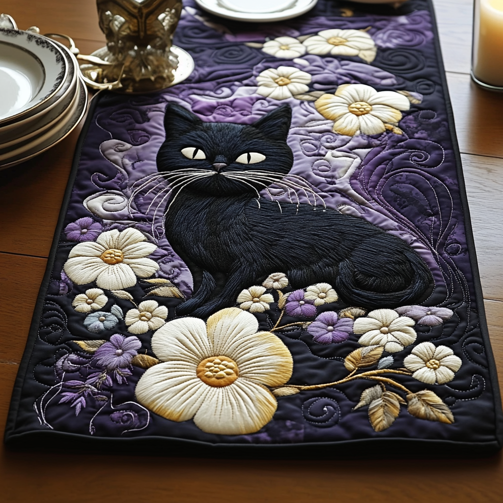 Whisker Moon Quilted Table Runner Dining Table Decor Ideas Black Cat Gift Ideas