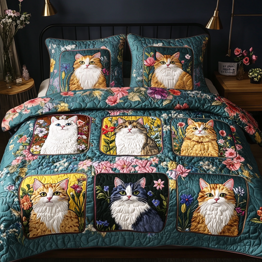 Whisker Patch Quilted Bedding Set Best Bedspread Set Christmas Gift Ideas For Cat Lovers