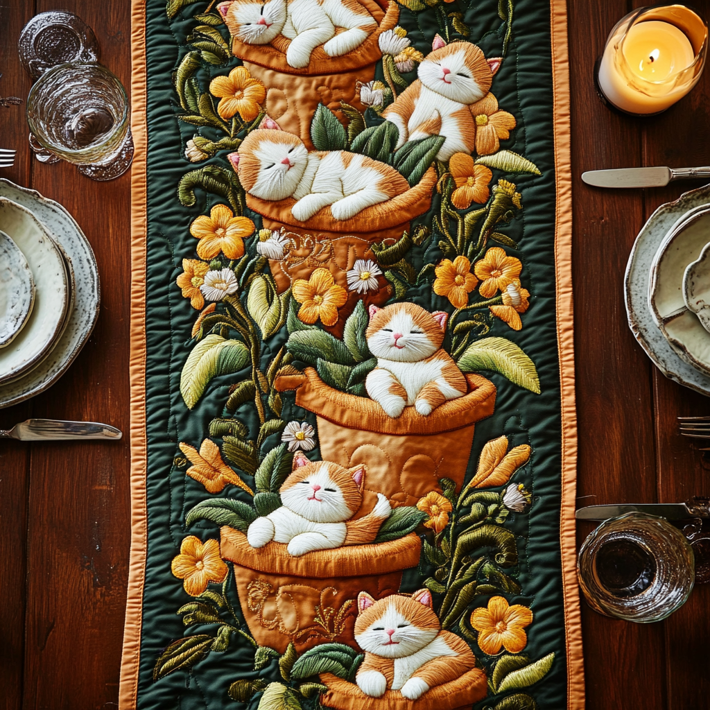 Whisker Pots Quilted Table Runner Kitchen Table Decor Ideas Unique Gifts For Cat Lovers