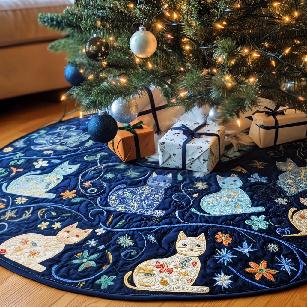 Whisker Whisper Christmas Quilted Tree Skirt Family Holiday Gathering Decor Holiday Tree Base Decoration