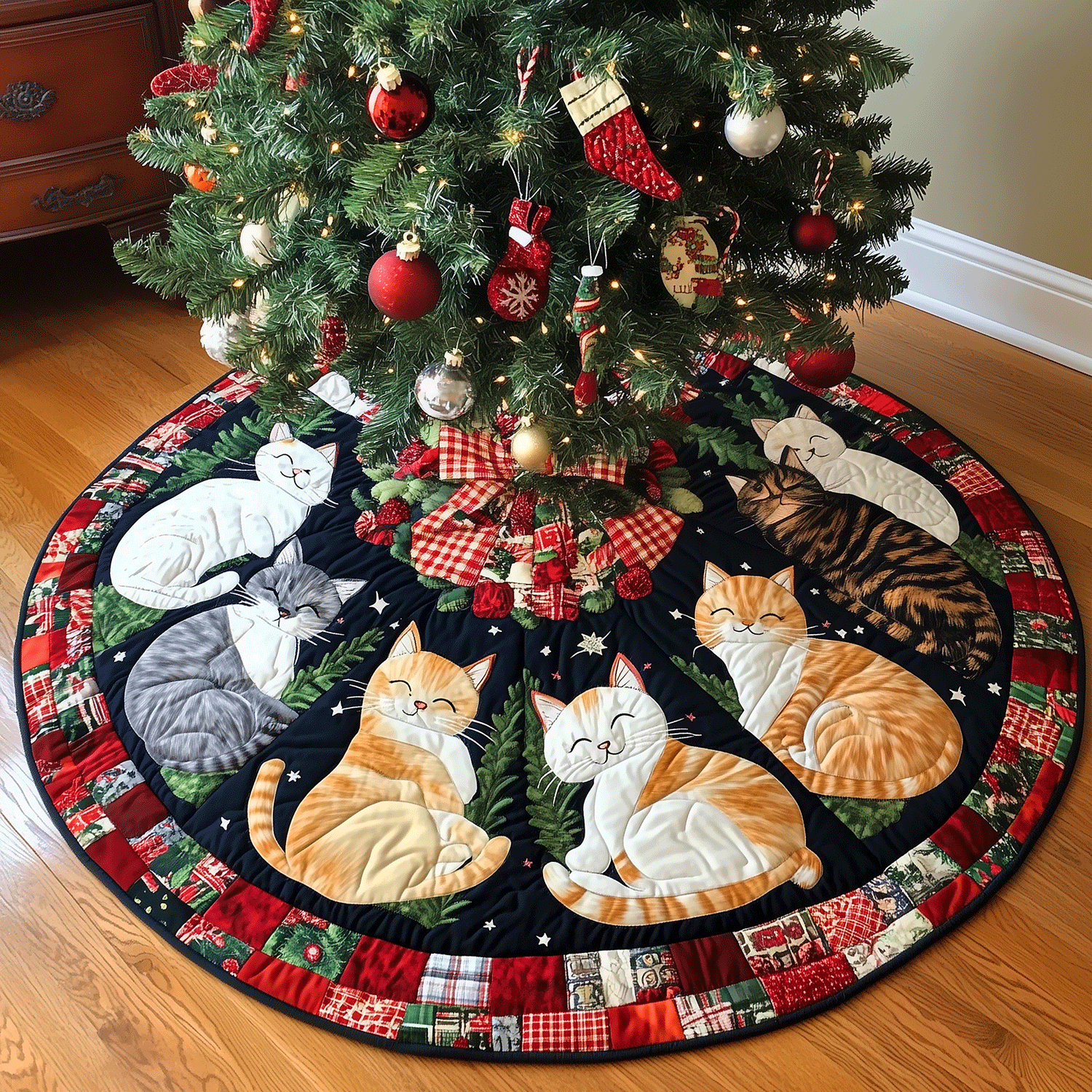 Whisker Wishes Quilted Christmas Tree Skirt Classic Red and White Tree Skirt for Traditional Decor