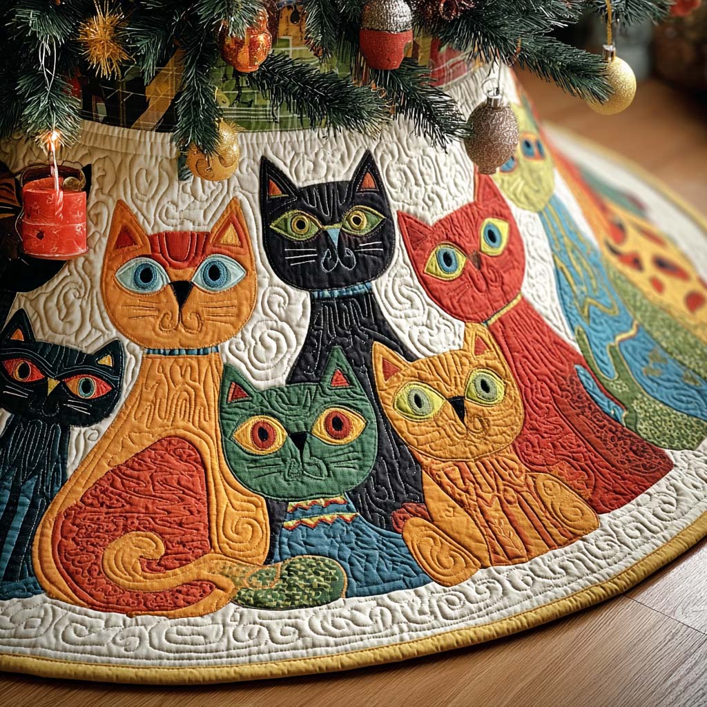 Whisker Wonderland Christmas Quilted Tree Skirt Decorative Quilted Tree Skirt to Protect Your Floor