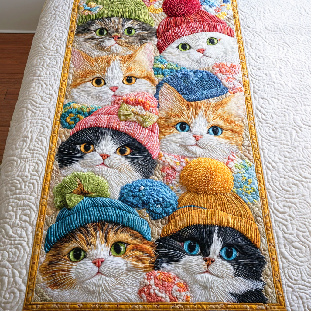 Whisker Wonderland Quilted Bed Runner Aesthetic Room Decor Good Cat Gifts