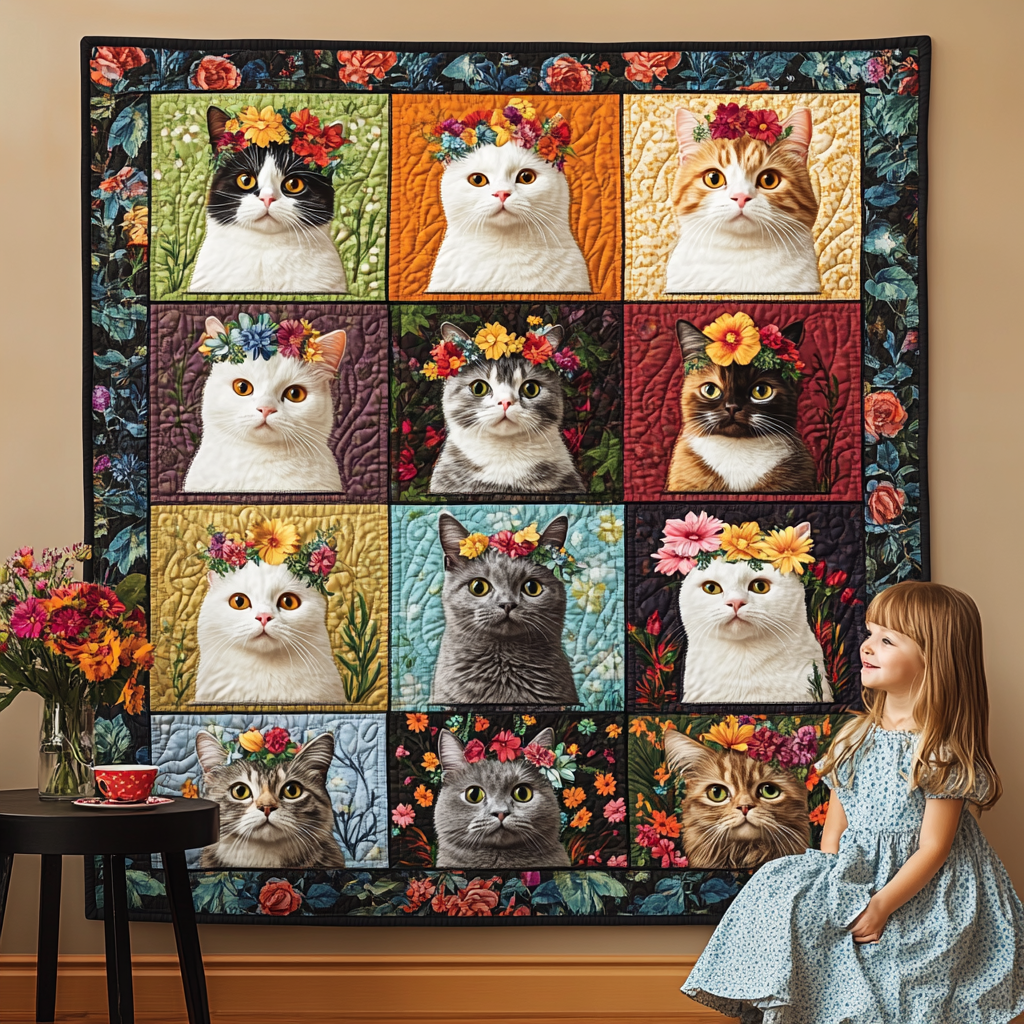 Whiskered Flower Quilted Blanket Novelty Gifts For Cat Lovers