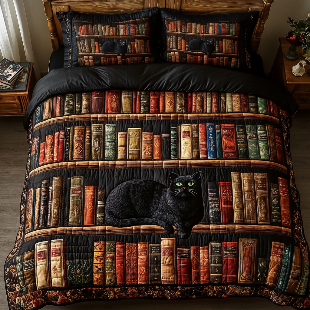 Whiskered Reads Quilted Bedding Set Christmas Bedding Sets Book Lovers Gifts For Mom