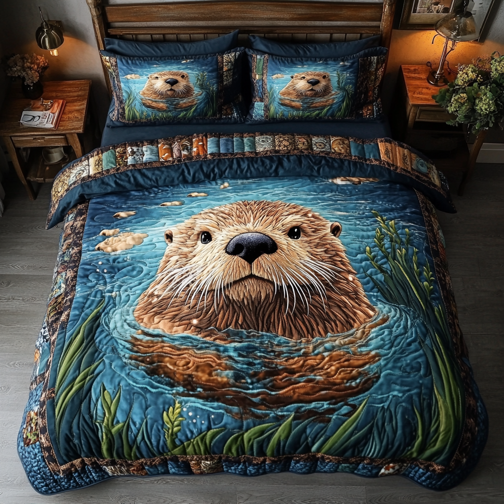 Whiskered Waves Quilted Bedding Set Bed Decorations Gifts For Otter Lovers