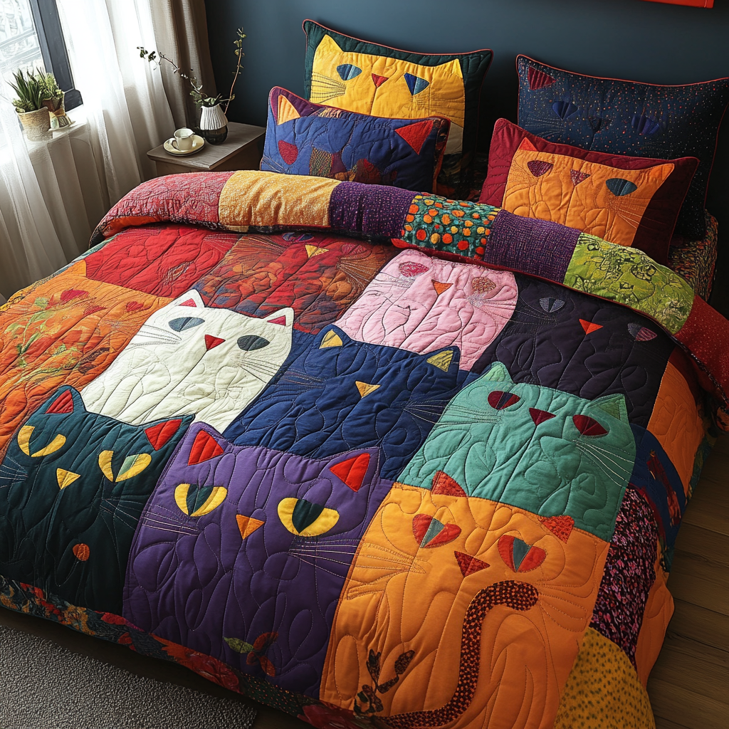 Whiskered Wonders Quilted Bedding Set Holiday Duvet Cover Set Cat Christmas Present Ideas