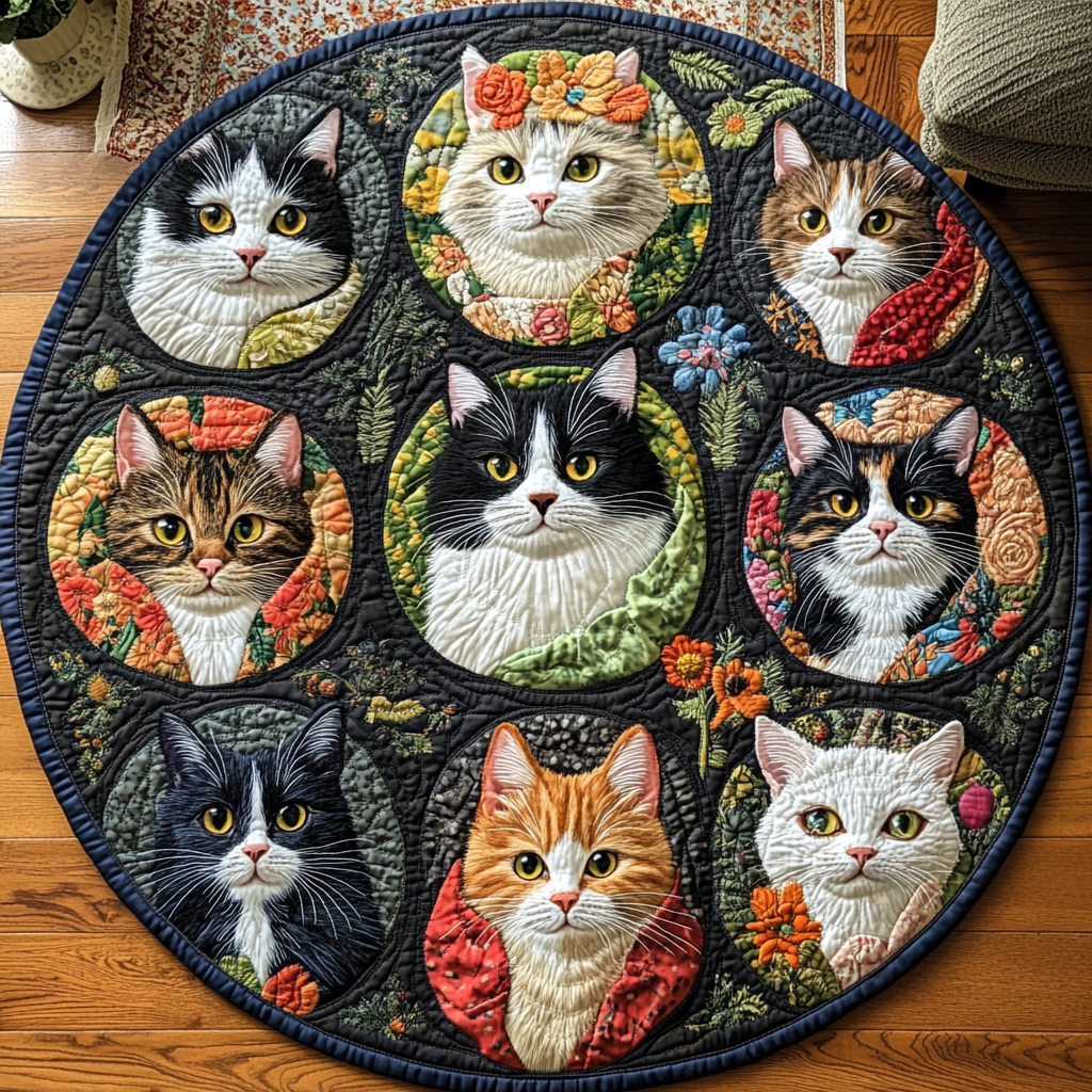 Whiskered Wonders Quilted Round Mat Door Entrance Decor Cat Lover Gifts