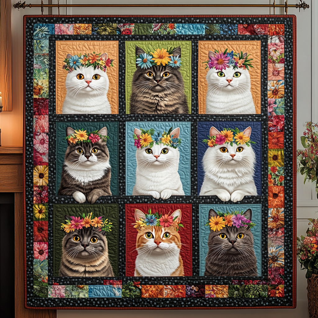 Whiskers and Flowers Quilted Blanket Gifts For Cat Owners