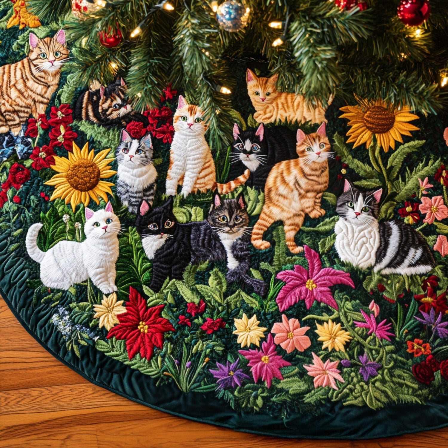 Whiskers And Wildflowers Quilted Christmas Tree Skirt Christmas Tree Decor